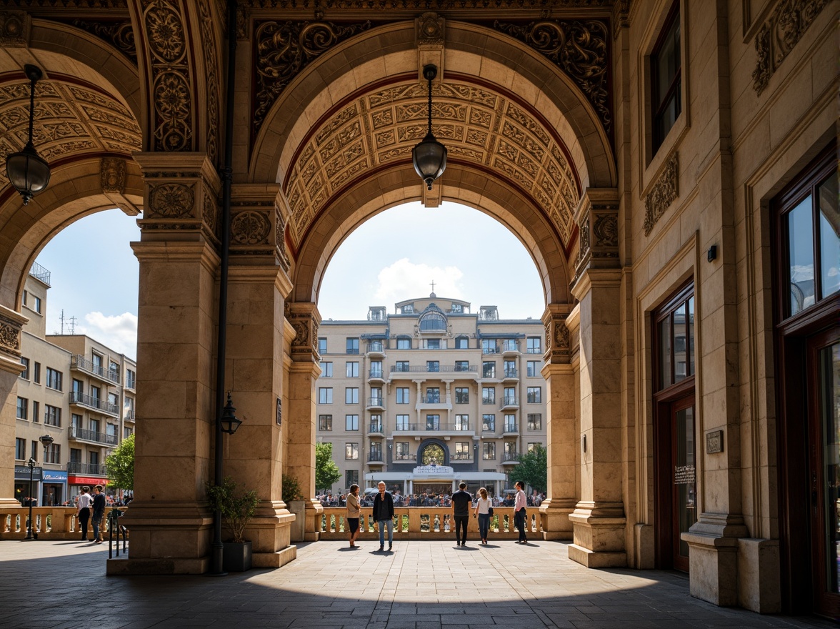 Prompt: Intricate archways, ornate Byzantine details, pedestrian bridge, grandeur architecture, imposing stone pillars, ornamental iron railings, majestic cityscape, sunny afternoon, warm golden lighting, shallow depth of field, 1/2 composition, symmetrical framing, rich textures, ambient occlusion, vibrant urban atmosphere, lively street activity, bustling crowd scenes, eclectic mix of modern and ancient elements.