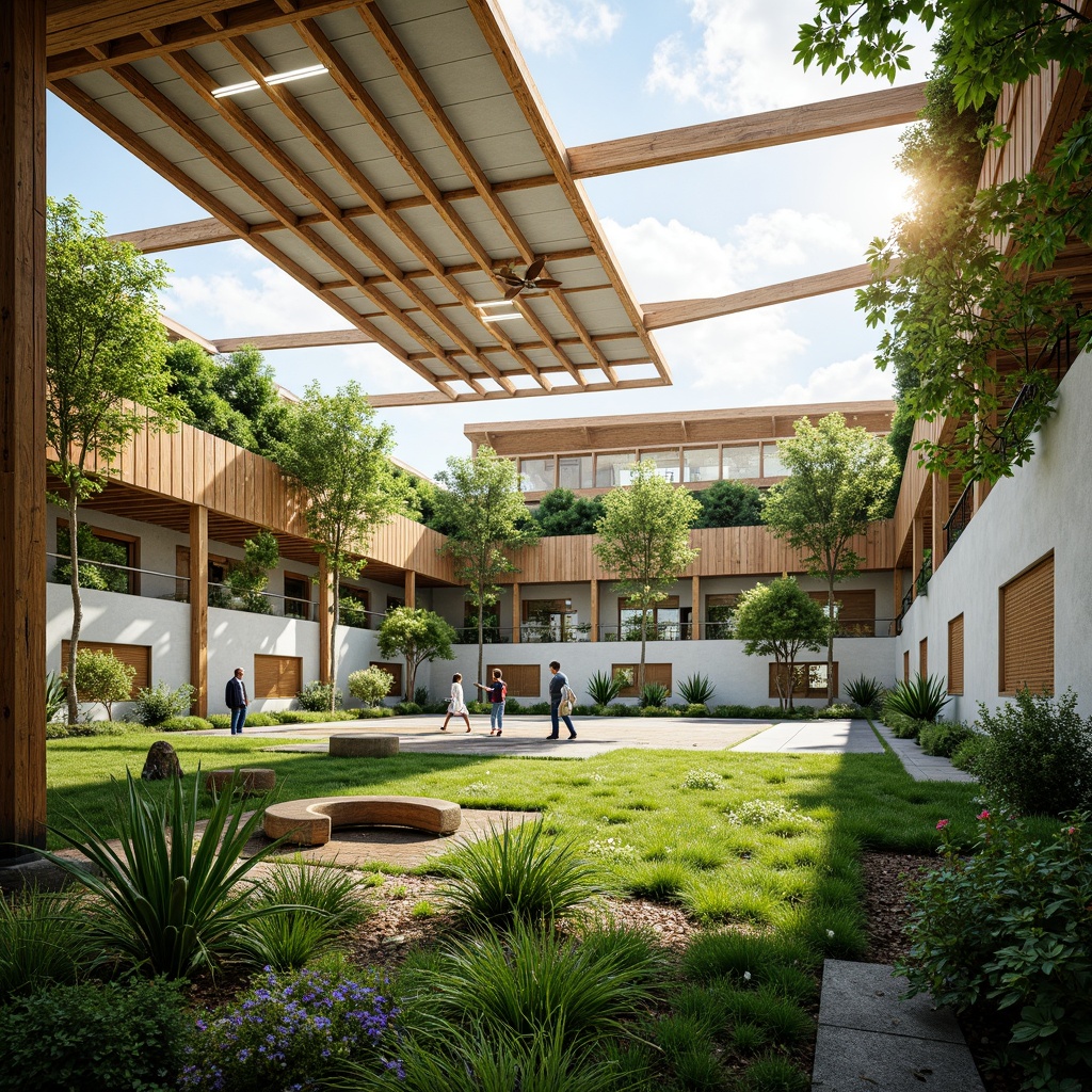 Prompt: Eco-friendly gymnasium, lush green roof, solar panels, rainwater harvesting system, natural ventilation, large skylights, wooden accents, bamboo flooring, recycled rubber tracks, energy-efficient lighting, modern minimalist design, open floor plan, abundant natural light, soft warm ambiance, shallow depth of field, 1/1 composition, realistic textures, ambient occlusion, vibrant greenery, blooming flowers, sunny day.