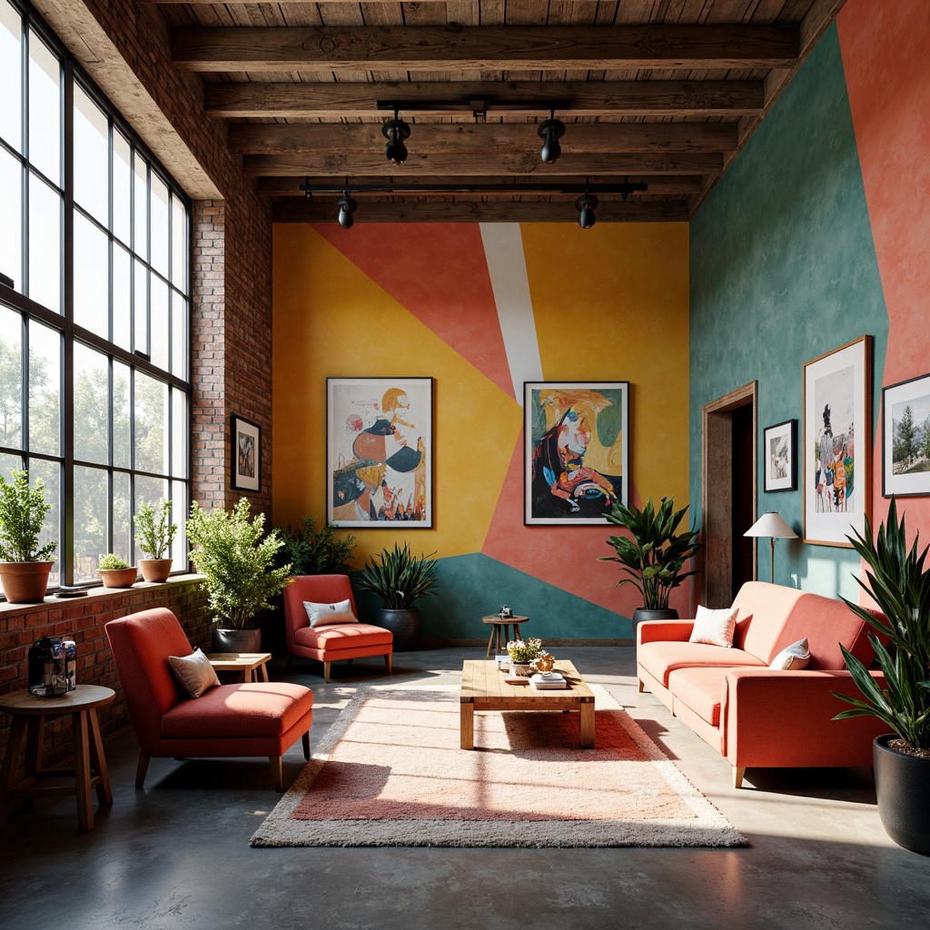 Prompt: Vibrant art studio, eclectic furnishings, bold color blocks, abstract artwork, geometric patterns, modern industrial decor, exposed brick walls, polished concrete floors, minimalist chic aesthetic, natural light pouring in, warm afternoon glow, shallow depth of field, 1/1 composition, soft focus effect, realistic textures, ambient occlusion.Please let me know if this meets your requirements!