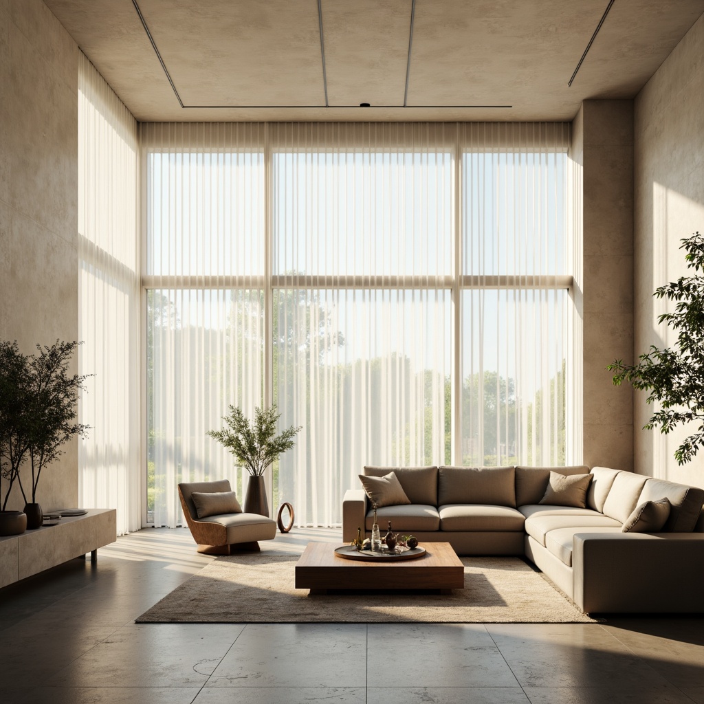 Prompt: Minimalist living room, large windows, abundant natural light, sheer white curtains, low-profile furniture, sleek lines, monochromatic color scheme, polished concrete floor, geometric-shaped decorations, potted plants, subtle textures, warm beige walls, hidden LED lighting, soft ambient glow, shallow depth of field, 1/1 composition, realistic reflections.