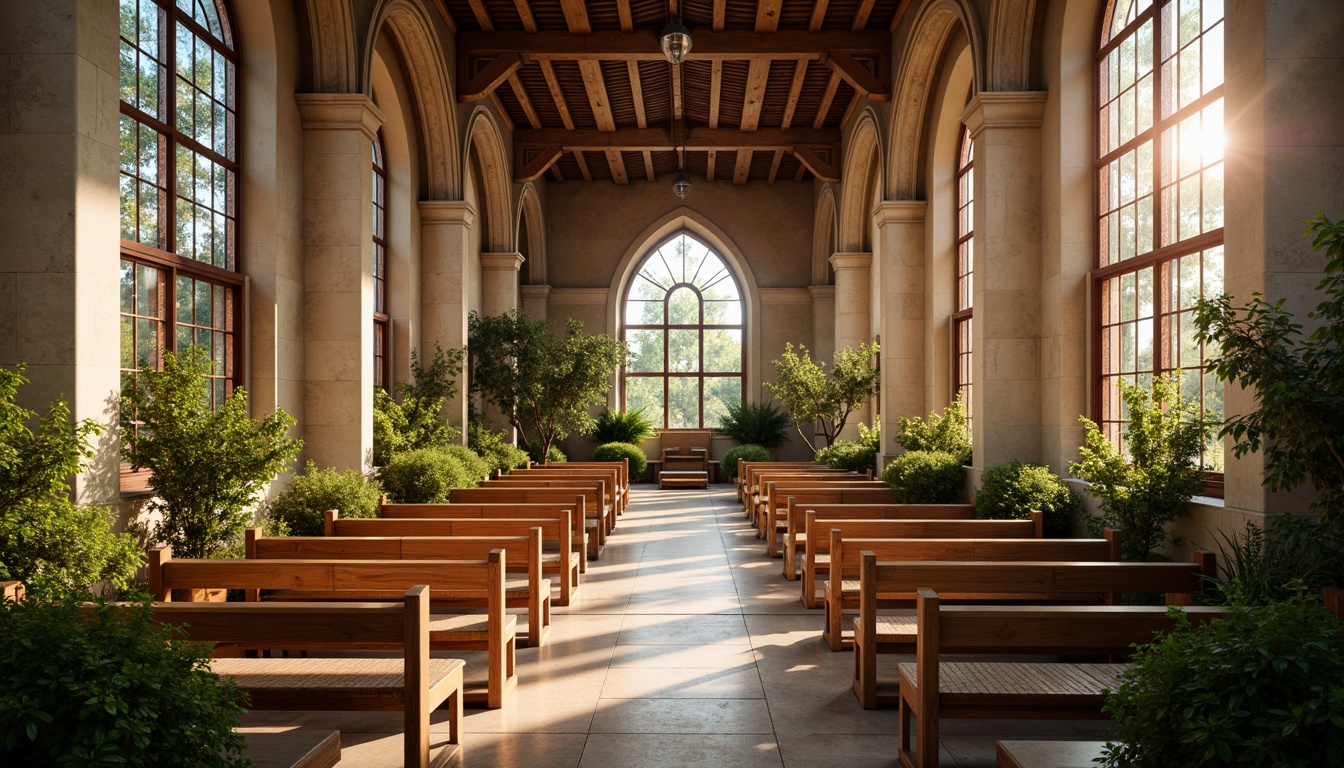 Prompt: Serene chapel interior, warm natural light, earthy tones, wooden pews, stone columns, vaulted ceilings, stained glass windows, intricate carvings, soft pastel hues, organic shapes, flowing curves, botanical motifs, lush greenery, peaceful ambiance, gentle warm lighting, shallow depth of field, 3/4 composition, intimate atmosphere, realistic textures, ambient occlusion.