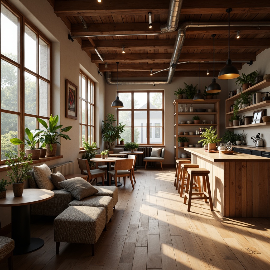 Prompt: Cozy coffee shop, wooden flooring, comfortable sofas, rustic tables, pendant lighting, warm color scheme, social housing community, shared kitchen space, minimal decor, industrial pipes, reclaimed wood accents, natural textiles, earthy tones, soft morning light, shallow depth of field, 1/1 composition, intimate atmosphere, realistic textures, ambient occlusion.