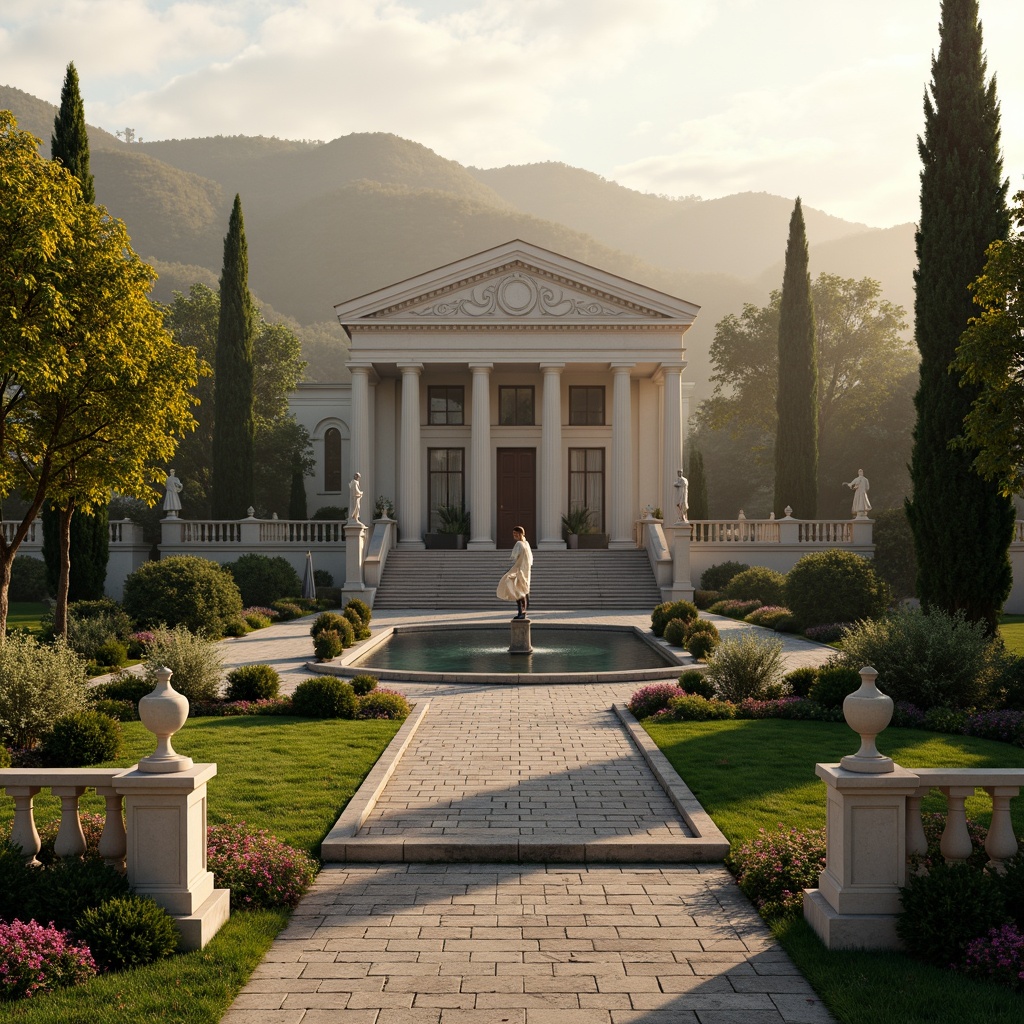 Prompt: Grand neoclassical villa, symmetrical fa\u00e7ade, ornate columns, marble statues, lush greenery, rolling hills, serene lake, misty morning, warm golden lighting, soft focus, 1/1 composition, realistic textures, ambient occlusion, elegant water features, decorative fountains, walking paths, ornamental trees, vibrant flowers, natural stone walls, classic balustrades, sophisticated color palette, harmonious spatial relationships.