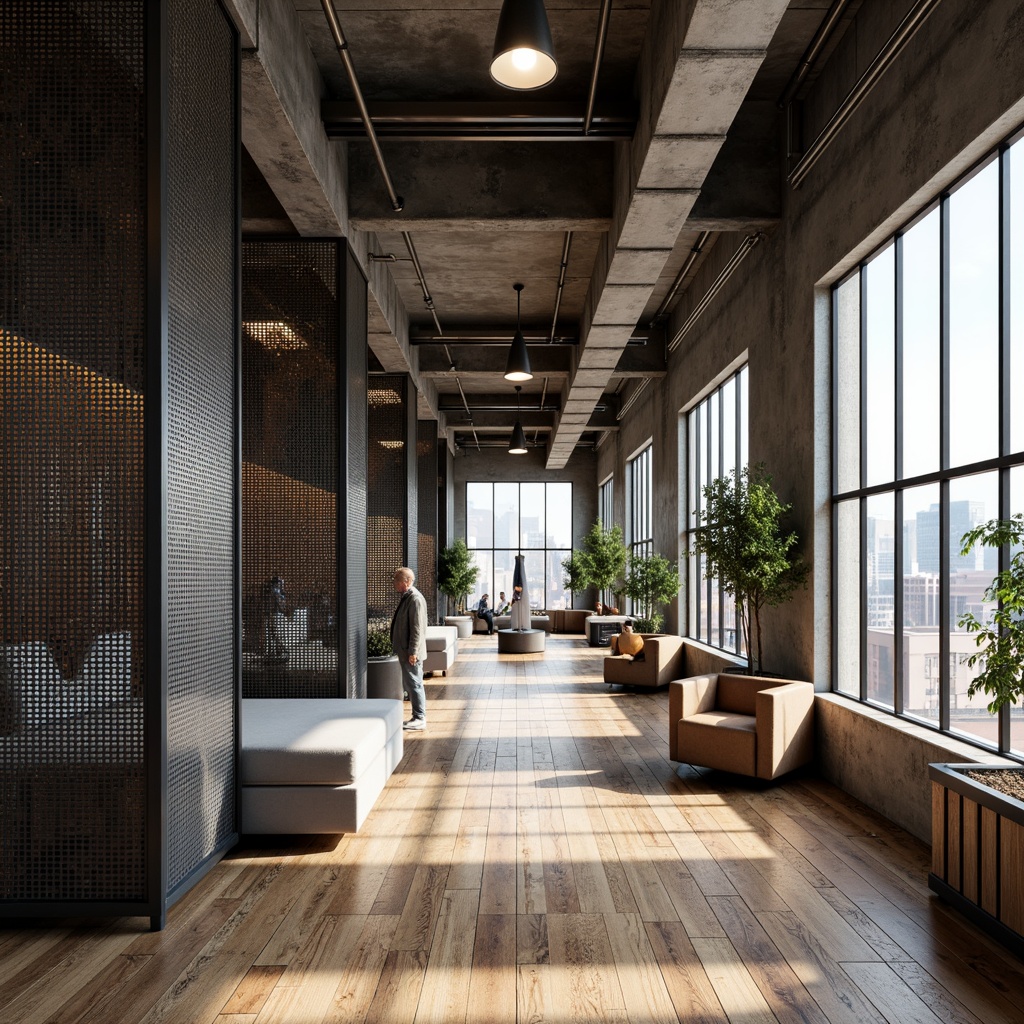 Prompt: Industrial chic interior, perforated metal accents, breathable mesh patterns, urban loft atmosphere, reclaimed wood floors, exposed ductwork, modern minimalist decor, sleek lines, functional simplicity, natural light pouring in, airy openness, 3/4 composition, shallow depth of field, realistic metallic textures, ambient occlusion.