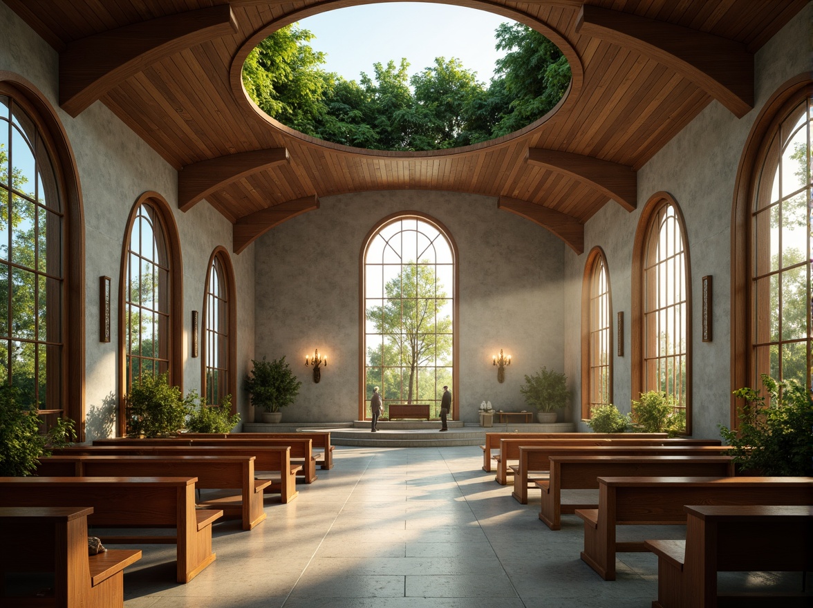 Prompt: Ethereal church interior, natural stone walls, reclaimed wood accents, living green roofs, organic curves, minimalist decor, soft warm lighting, stained glass windows, prayer pews, candlelit ambiance, serene atmosphere, misty morning, gentle sunlight, 1/1 composition, shallow depth of field, realistic textures, ambient occlusion, spiritual symbols, subtle patterns, earthy color palette, harmonious blend with nature.