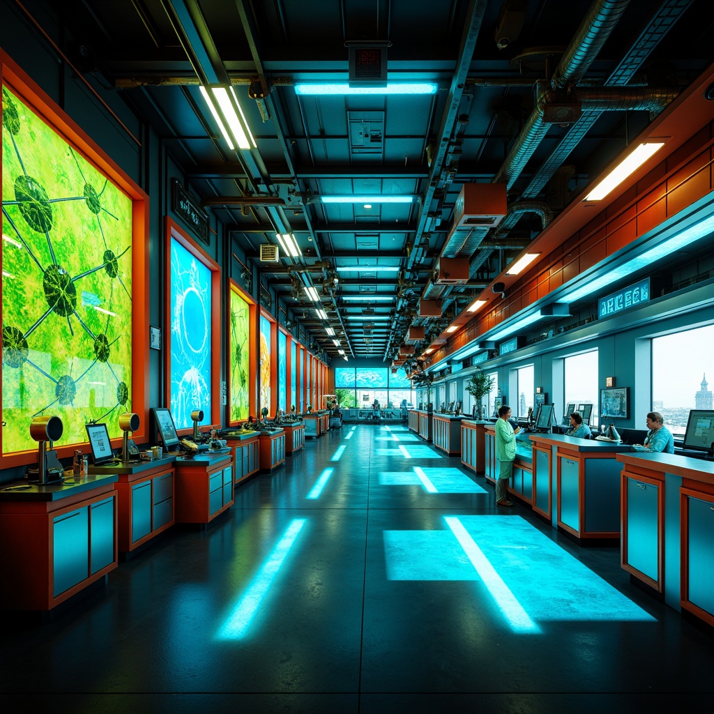 Prompt: Vibrant science center, futuristic architecture, neon-lit corridors, glowing laboratory equipment, sleek metal surfaces, bold color blocking, radiant blue accents, energetic green hues, warm beige tones, abstract molecular patterns, dynamic lighting effects, shallow depth of field, 3/4 composition, panoramic view, realistic textures, ambient occlusion.