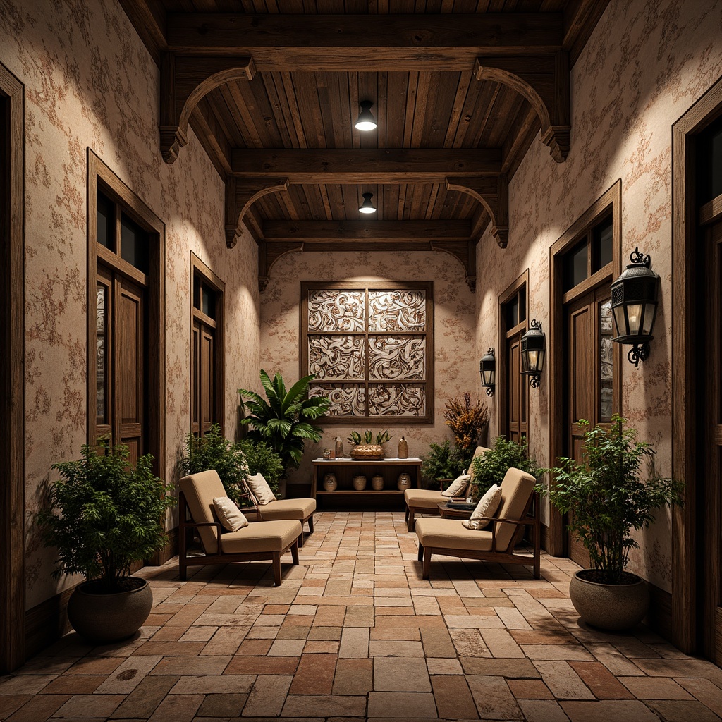 Prompt: Rustic wooden planks, distressed stone walls, ornate metal filigree, vintage ceramic tiles, eclectic mix of patterns, warm earthy tones, rich jewel-toned accents, dramatic lighting effects, shallow depth of field, 1/1 composition, realistic textures, ambient occlusion, detailed normal maps, high-contrast imagery, artistic color grading.