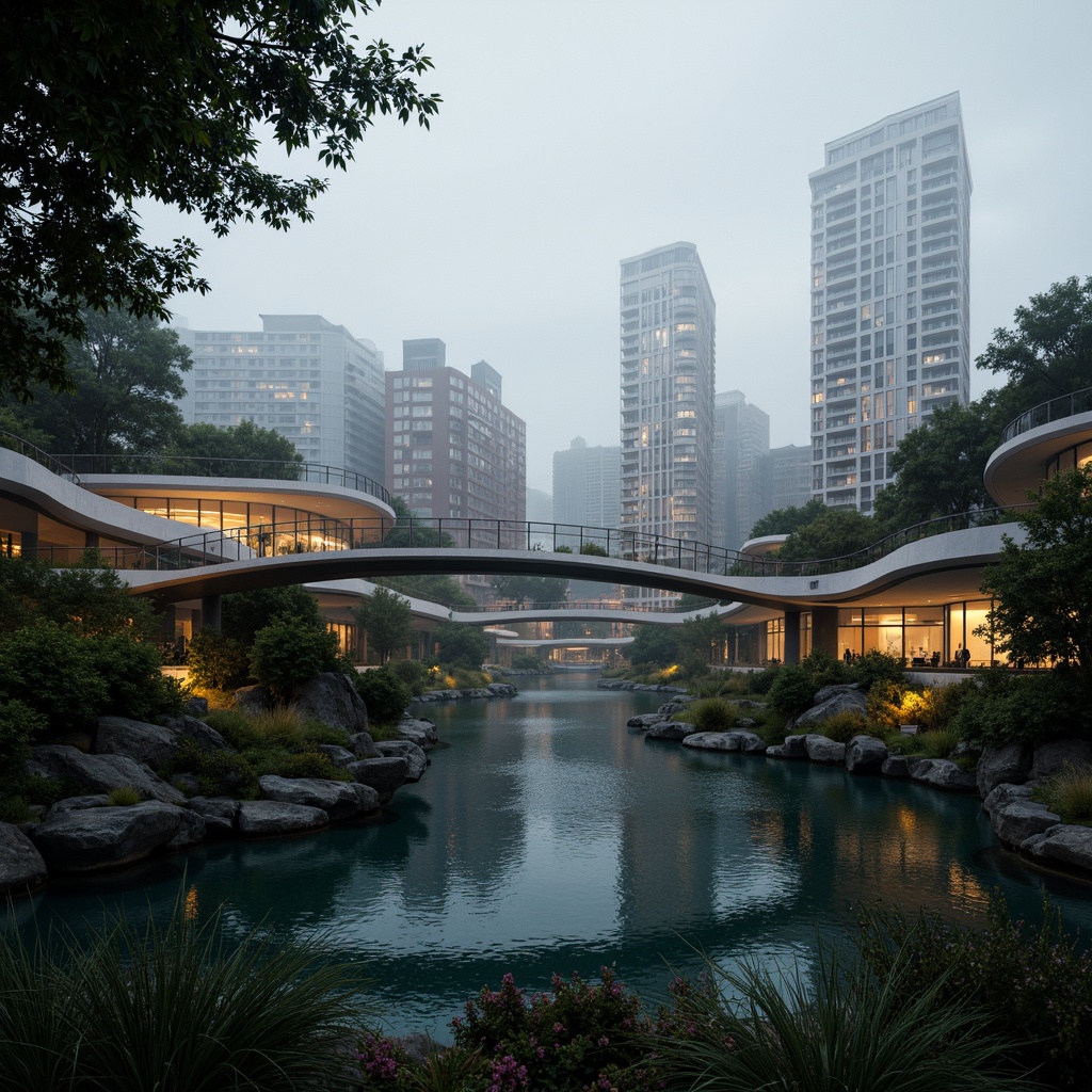 Prompt: Curved bridge silhouette, organic forms, natural stone foundations, steel arches, suspended walkways, glass railings, lush greenery, water features, misty atmosphere, soft warm lighting, shallow depth of field, 3/4 composition, panoramic view, realistic textures, ambient occlusion, flowing curves, biomimetic design, sustainable materials, eco-friendly construction, innovative engineering solutions, dramatic nighttime lighting, urban cityscape.