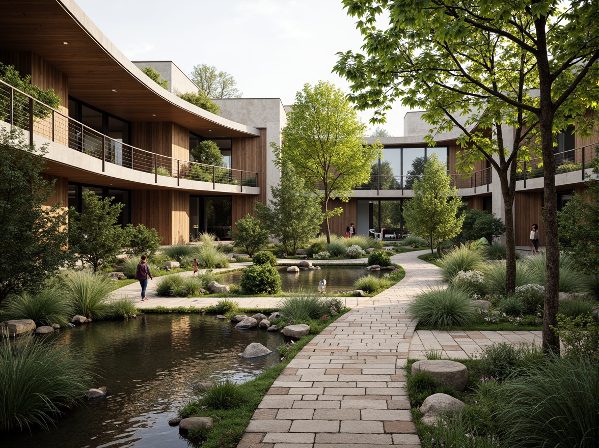 Prompt: Seamless site integration, organic architecture, curved lines, natural materials, wooden accents, living roofs, green walls, cantilevered structures, water features, koi ponds, lush vegetation, native plants, meandering pathways, rustic stone walkways, weathered wood benches, soft natural lighting, warm earthy tones, 1/1 composition, intimate perspective, realistic textures, ambient occlusion.