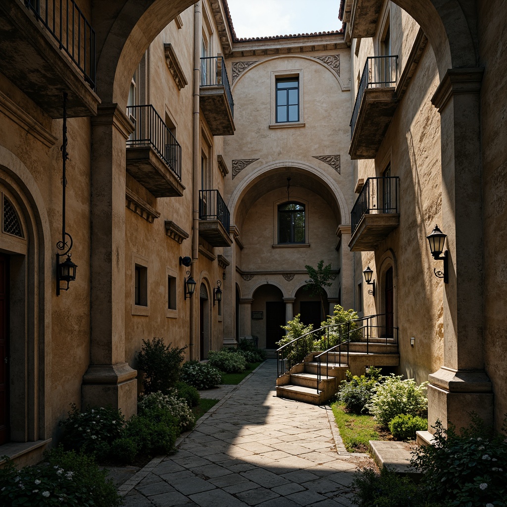 Prompt: Rustic Romanesque buildings, weathered concrete textures, rough stone walls, ornate carvings, grand archways, intricate moldings, earthy color palette, moss-covered surfaces, worn stone steps, distressed metal accents, vintage lanterns, atmospheric lighting, dramatic shadows, high-contrast composition, 1/2 frame ratio, cinematic mood, rich history atmosphere.