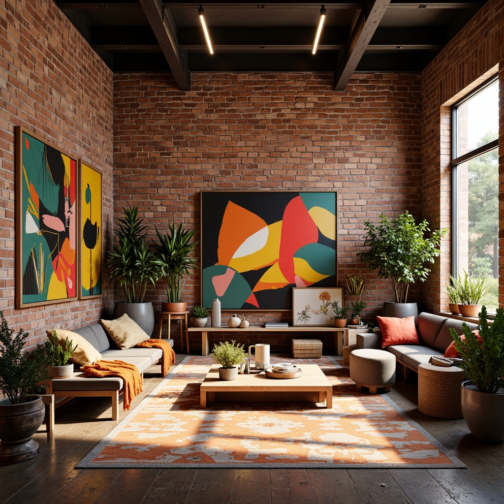 Prompt: Vibrant modern art studio, exposed brick walls, industrial metal beams, reclaimed wood floors, eclectic furniture pieces, bold colorful artwork, abstract geometric patterns, rich textures, warm golden lighting, shallow depth of field, 1/1 composition, realistic materials, ambient occlusion.