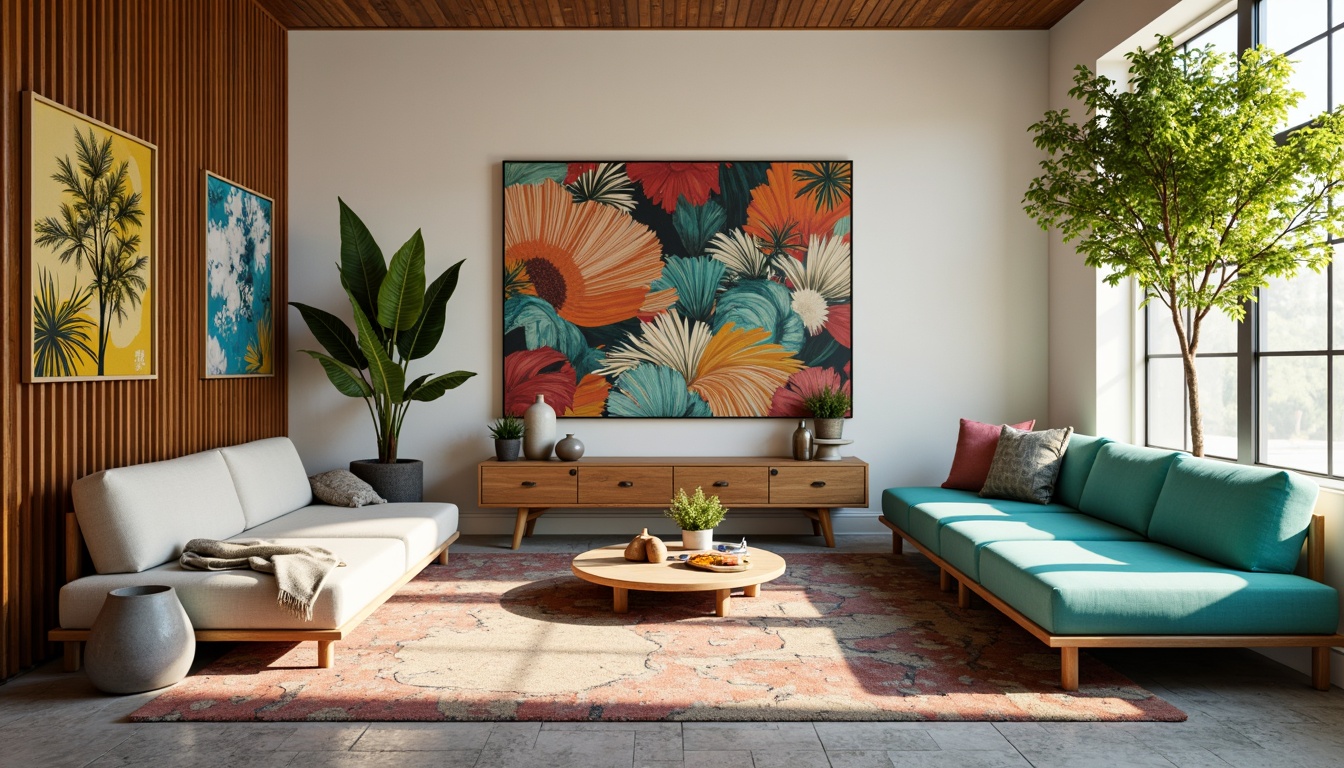 Prompt: Vibrant modern design studio, eclectic art pieces, rich wood accents, creamy white walls, bold turquoise furniture, lush greenery, natural stone floors, minimalist metal decor, warm golden lighting, soft pastel hues, 3/4 composition, shallow depth of field, realistic textures, ambient occlusion.