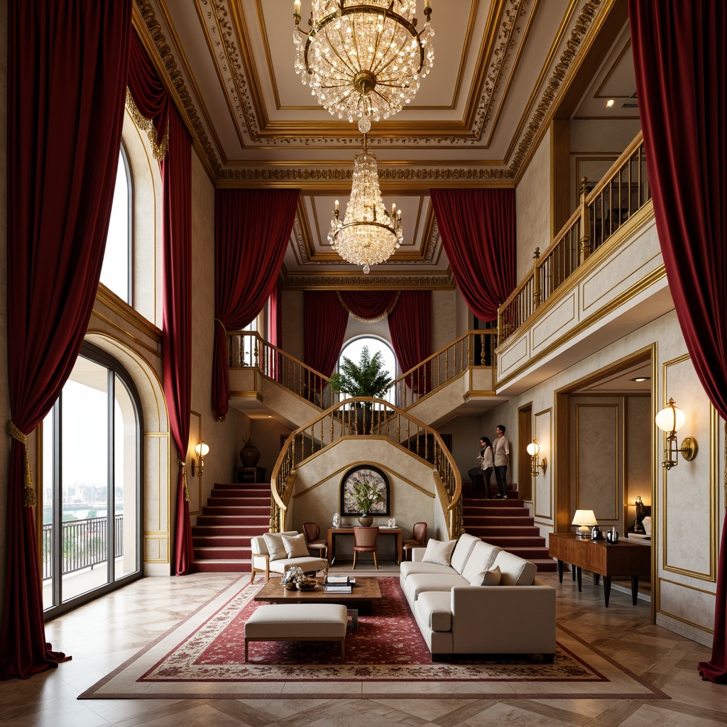 Prompt: Luxurious opera house-inspired social housing, rich velvet drapes, ornate golden accents, lavish crystal chandeliers, polished marble floors, intricate moldings, grand staircases, opulent red carpets, majestic high ceilings, elegant archways, sophisticated modern amenities, sleek minimalist kitchens, spacious living rooms, comfortable bedrooms, abundant natural light, soft warm ambiance, shallow depth of field, 1/1 composition, realistic textures, ambient occlusion.