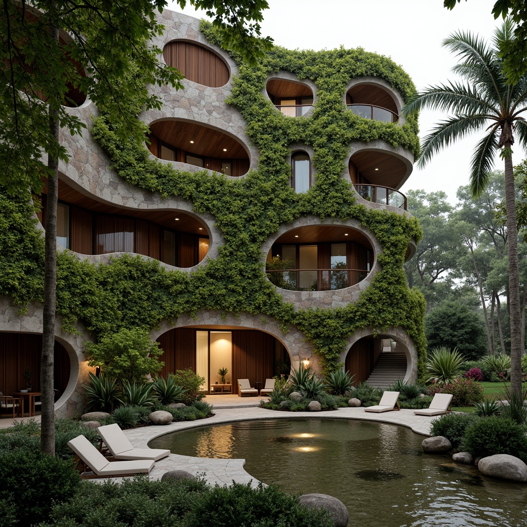 Prompt: Organic building facade, living green walls, natural stone cladding, wooden accents, curved lines, earthy tones, abundant foliage, tropical plants, water features, small ponds, fountain sounds, soft misting, warm ambient lighting, shallow depth of field, 1/1 composition, realistic textures, ambient occlusion, serene atmosphere, peaceful ambiance.