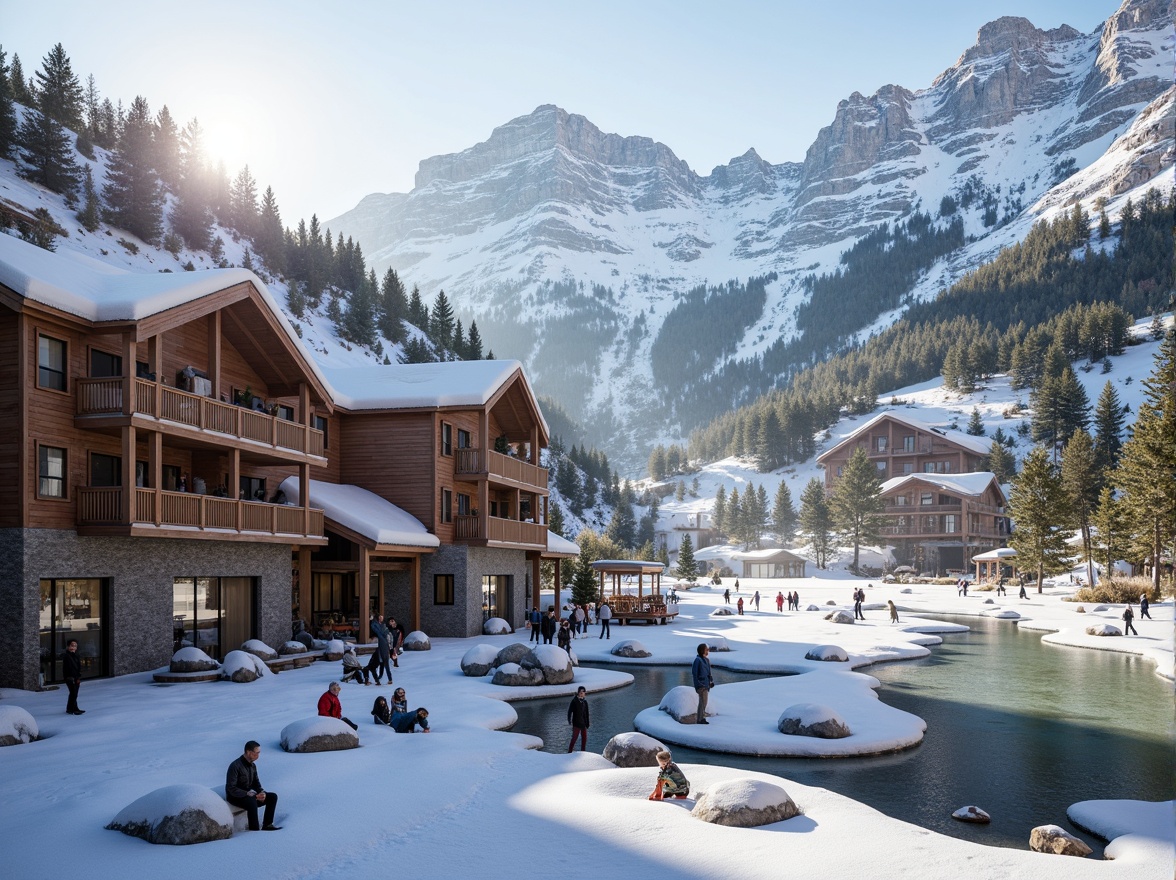 Prompt: Snow-capped mountains, icy slopes, wooden ski lifts, rustic chalet-style buildings, natural stone foundations, earthy color palette, warm wooden accents, cozy fireplaces, plush furnishings, vibrant winter sports equipment, snowy trees, frozen lakes, misty morning atmosphere, soft golden lighting, shallow depth of field, 1/2 composition, realistic textures, ambient occlusion.