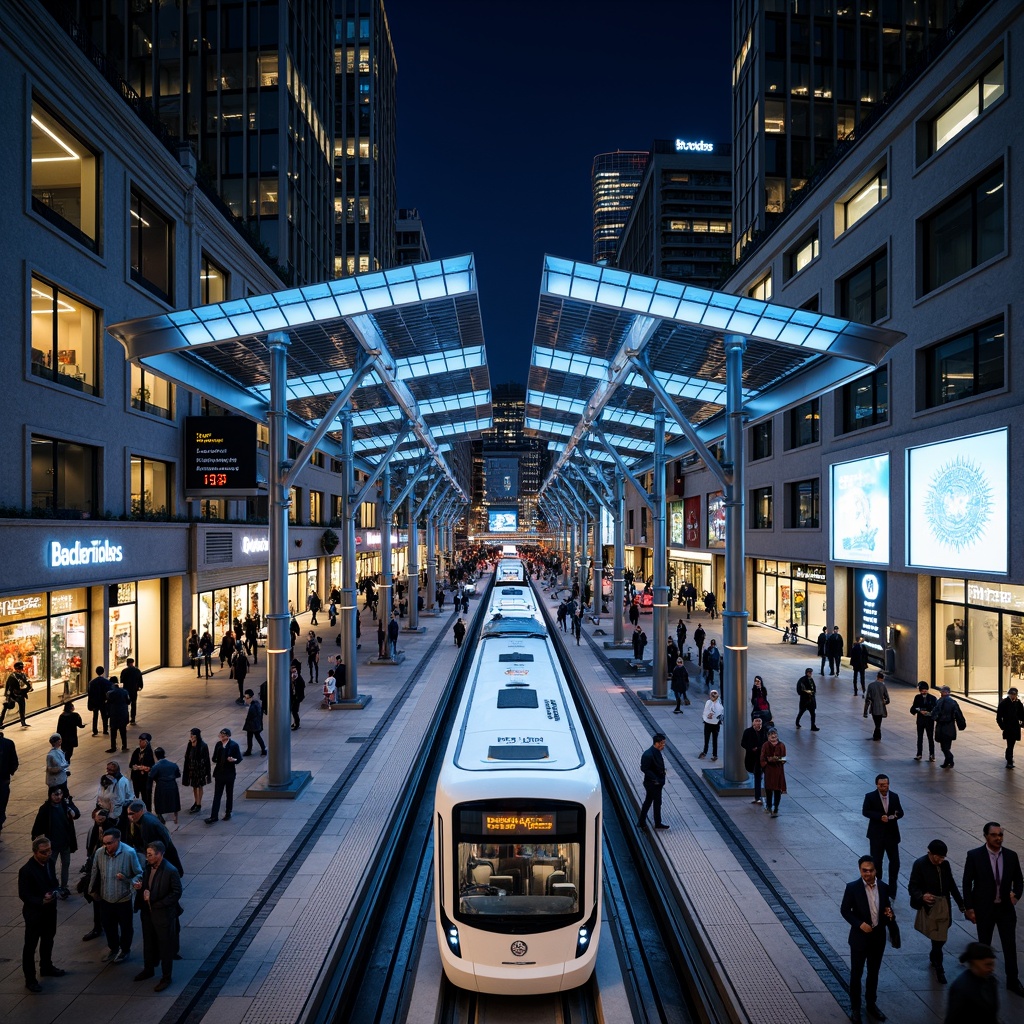 Prompt: Futuristic tram station, sleek metal framework, LED lighting systems, minimalist design, modern digital displays, glass roofs, open spaces, elevated platforms, stainless steel handrails, dynamic curves, angular lines, neon-lit advertisements, urban landscape, bustling streets, high-rise buildings, busy pedestrian traffic, fast-paced atmosphere, vibrant nighttime scenes, shallow depth of field, 3/4 composition, panoramic view, realistic metallic textures, ambient occlusion.