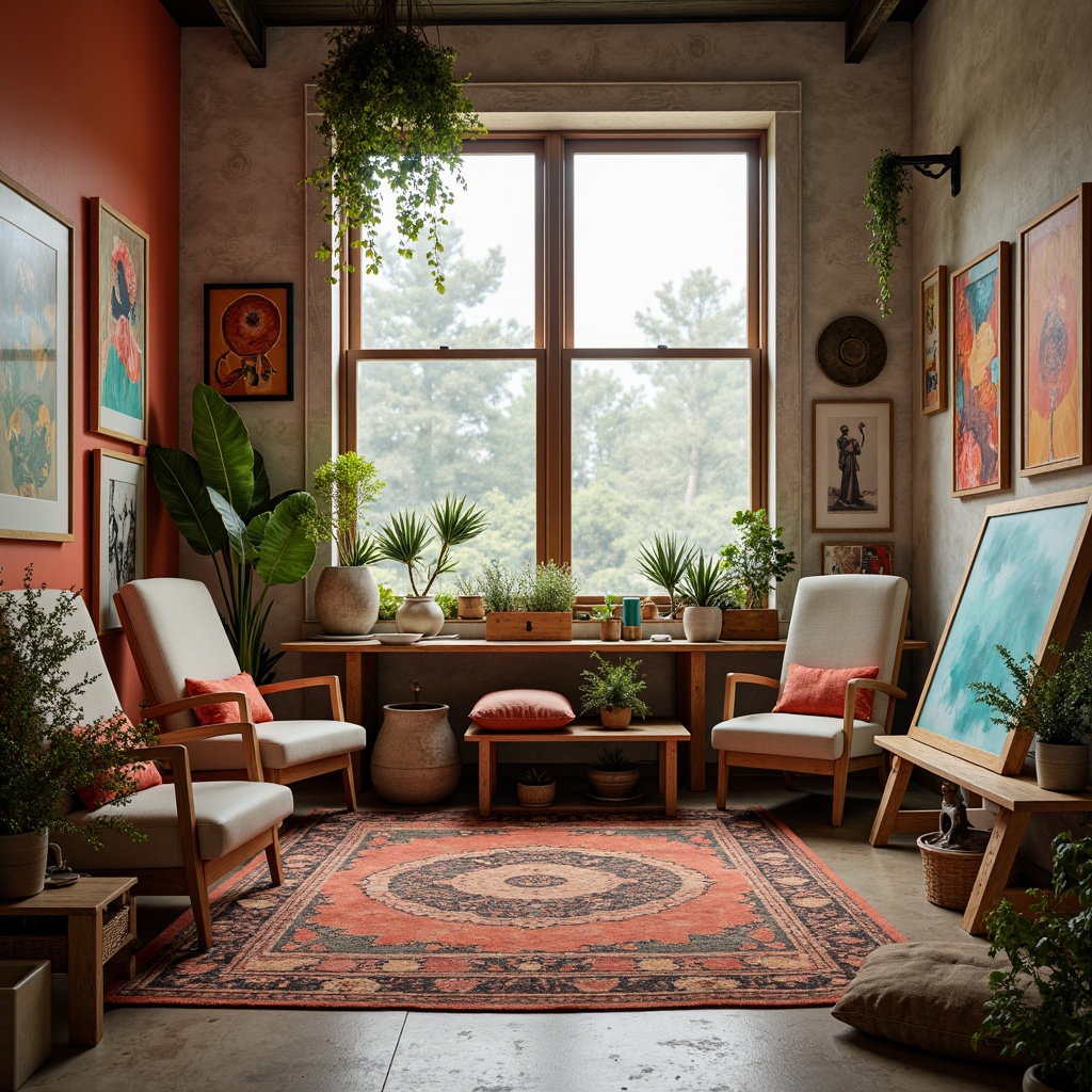 Prompt: Vibrant art studio, eclectic bohemian decor, warm neutral tones, earthy terracotta hues, rich turquoise accents, bold coral statements, creamy white backgrounds, distressed wood textures, industrial metal frames, soft natural lighting, atmospheric mist, 1/1 composition, intimate close-up shots, realistic brush strokes, subtle gradient maps.