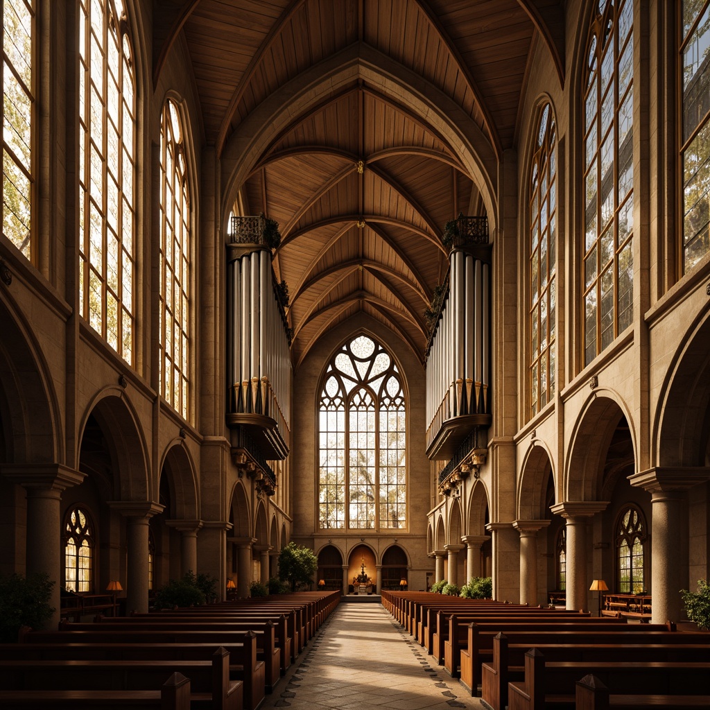 Prompt: Vaulted ceilings, stained glass windows, warm golden light, soft diffused illumination, ornate stone carvings, wooden pews, intricate frescoes, grandiose pipe organs, rustic stone walls, earthy tones, natural materials, curved lines, organic shapes, flowing arches, sacred ambiance, peaceful atmosphere, subtle shadows, dramatic verticality, 1/1 composition, warm color palette, realistic textures, ambient occlusion.