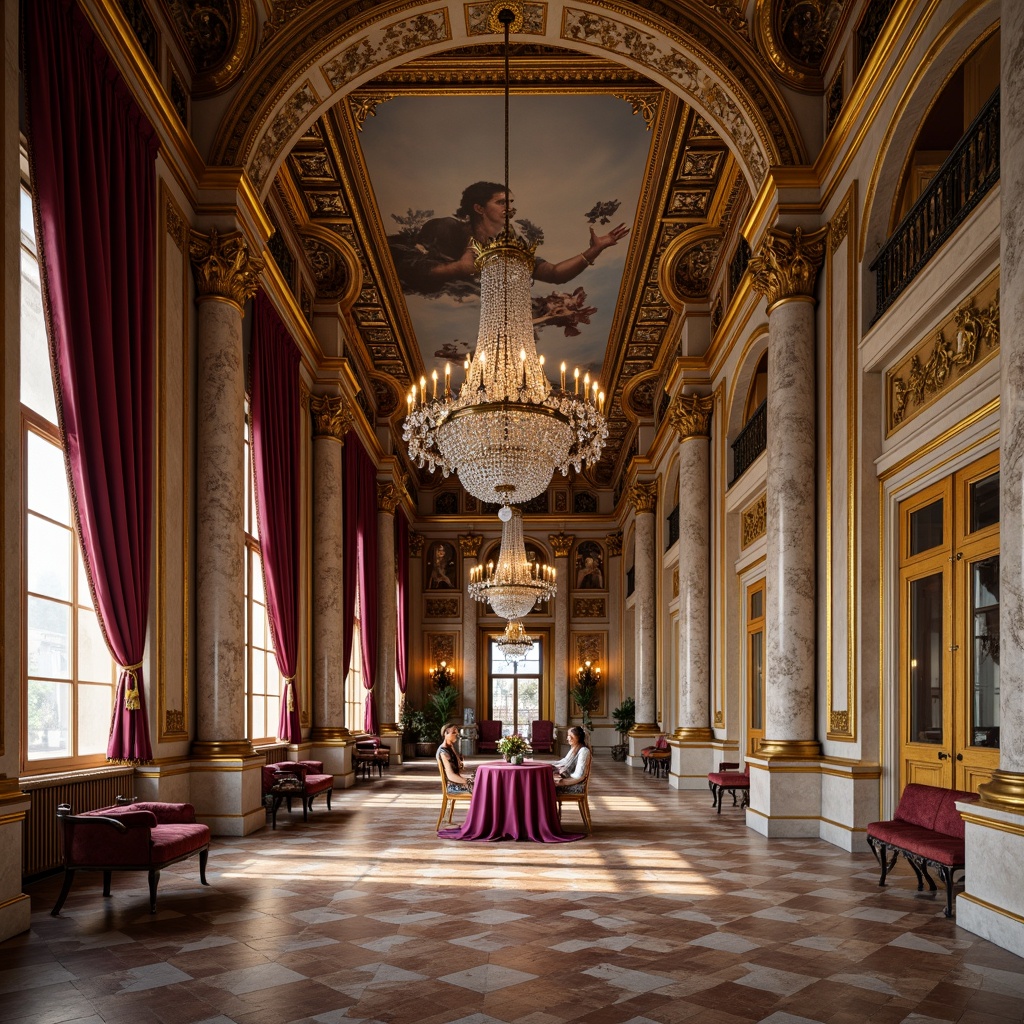 Prompt: Ornate Baroque palace, rich gold accents, warm beige stone walls, lavish crimson velvet drapes, intricate fresco ceilings, ornamental marble columns, grandiose crystal chandeliers, luxurious silk fabrics, regal purple hues, opulent bronze details, dramatic shadows, soft candlelight, 1/1 composition, symmetrical framing, realistic reflections, ambient occlusion.