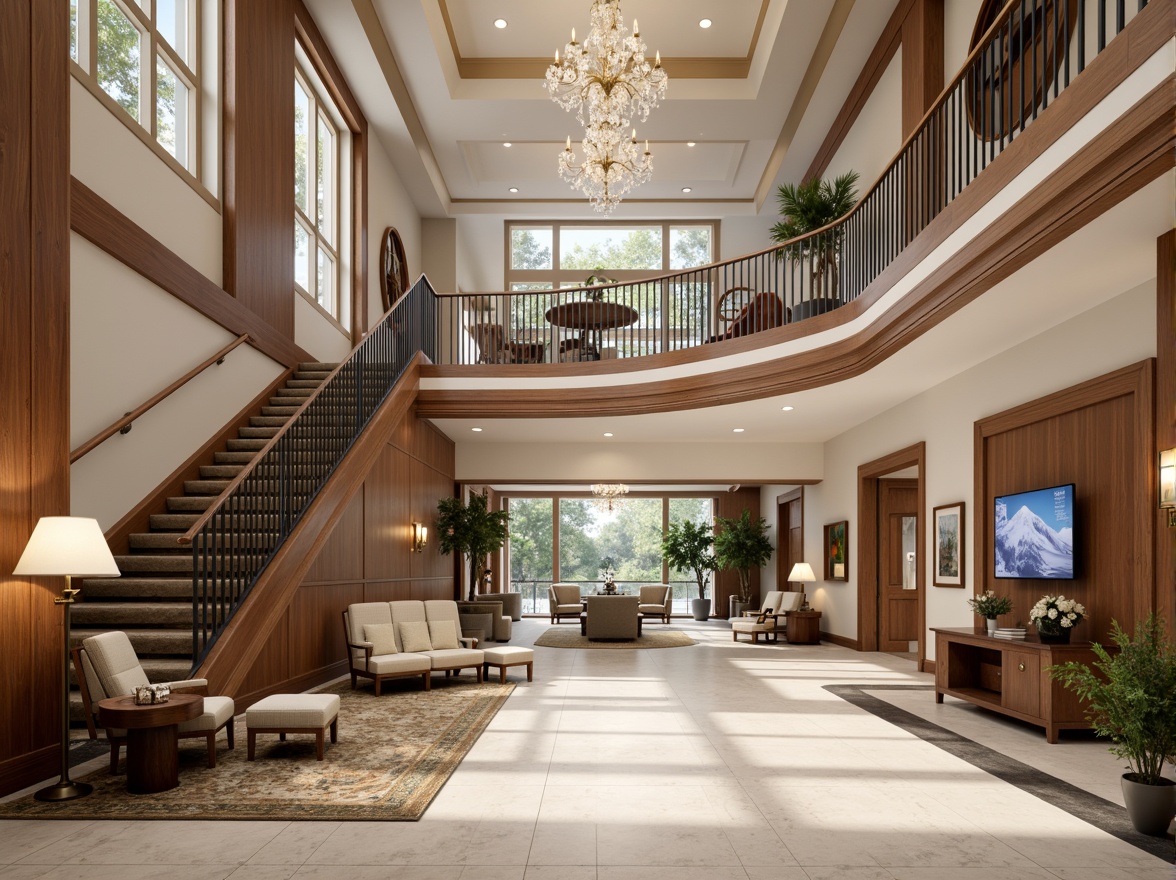 Prompt: Elegant hospital lobby, grand staircase, marble floors, ornate columns, wooden paneling, luxurious furnishings, plush carpets, crystal chandeliers, neutral color palette, high ceilings, large windows, natural light, soft warm lighting, subtle shading, realistic textures, ambient occlusion, 1/1 composition, symmetrical layout, harmonious proportions, ornate moldings, intricate carvings, sophisticated medical equipment, modern technology integration.