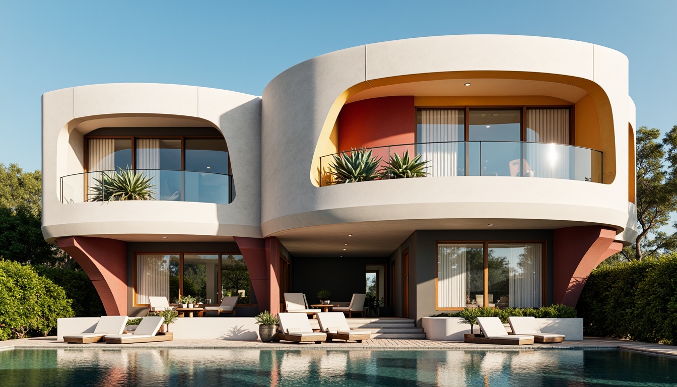 Prompt: Curved villa facade, irregular shapes, bold color blocking, abstract patterns, fragmented forms, dynamic angles, sleek metal accents, large glass windows, sliding doors, minimalist decor, natural stone cladding, lush green roofs, Mediterranean landscape, sunny afternoon, soft warm lighting, shallow depth of field, 1/1 composition, close-up view, realistic textures, ambient occlusion.