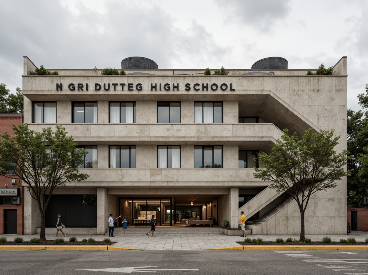 Prompt: Rustic high school facade, brutalist architectural style, raw concrete textures, exposed ductwork, industrial metal beams, minimalist windows, asymmetrical composition, bold geometric shapes, earthy color palette, natural stone accents, modernist typography, educational signage, shaded walkways, angular staircases, urban landscape background, cloudy day, soft diffused lighting, shallow depth of field, 2/3 composition, realistic materials, ambient occlusion.