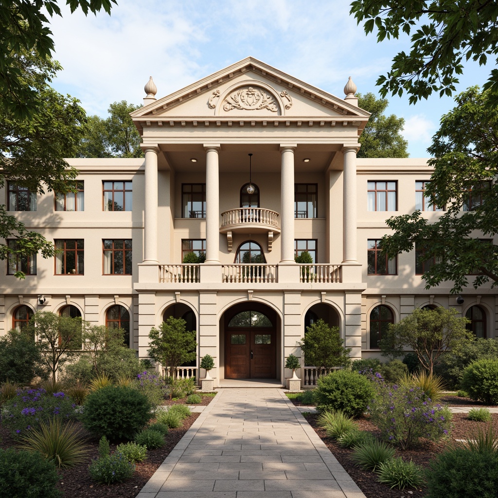 Prompt: Grand healthcare center, classical architecture, symmetrical facade, ornate columns, arched windows, carved stone details, elegant entrance, wheelchair-accessible ramps, lush greenery, blooming flowers, natural stone walkways, historic charm, warm beige tones, soft natural lighting, subtle shading, 1/1 composition, realistic textures, ambient occlusion.