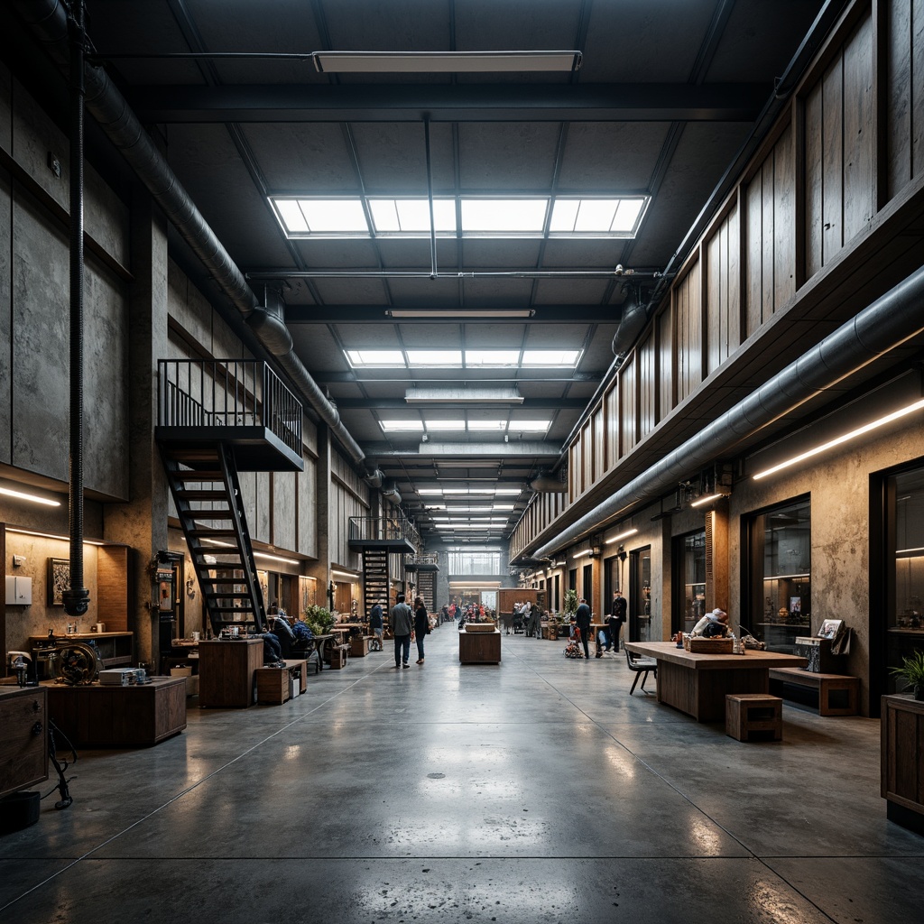 Prompt: Exposed steel beams, industrial pipes, concrete floors, metal staircases, minimalist decor, functional lighting, raw unfinished walls, reclaimed wood accents, modern machinery, factory-inspired aesthetic, urban workshop atmosphere, natural light pouring through skylights, dramatic shadows, bold geometric shapes, 1/1 composition, high-contrast textures, cinematic mood, atmospheric haze.