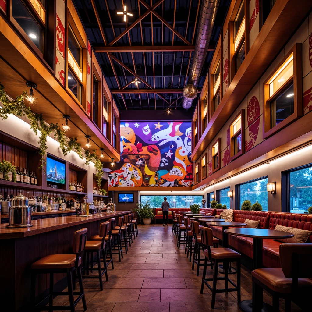 Prompt: Vibrant pub, irregular shapes, fragmented forms, bold colors, metallic materials, reflective surfaces, LED lights, dynamic patterns, abstract murals, geometric ornaments, ornate details, distressed textures, industrial chic, urban atmosphere, nighttime ambiance, warm glowing lighting, shallow depth of field, 1/1 composition, realistic renderings, ambient occlusion.