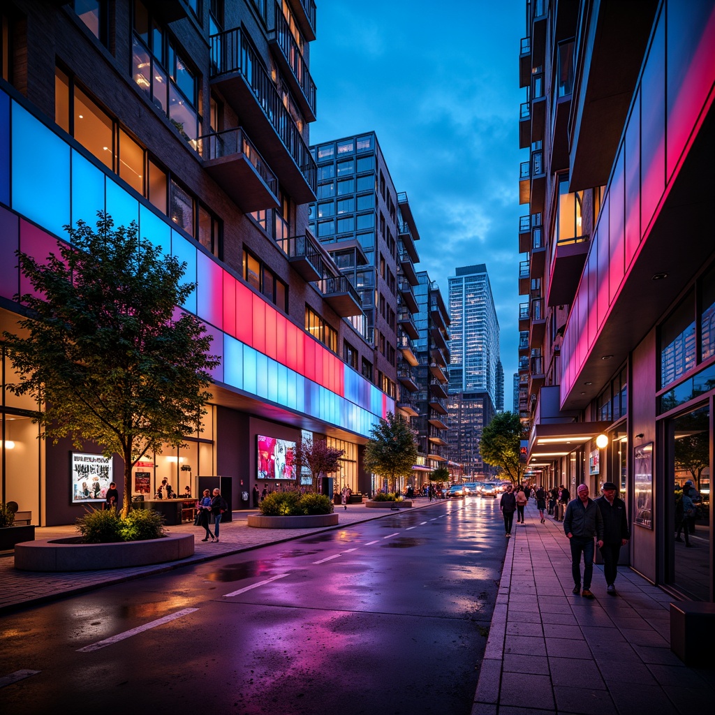 Prompt: Vibrant music venue, bold geometric facades, dynamic LED lighting, neon signs, metallic accents, glass balconies, sleek minimalism, urban cityscape, bustling nightlife, evening atmosphere, warm spotlights, shallow depth of field, 1/1 composition, low-angle shot, realistic reflections, ambient occlusion.