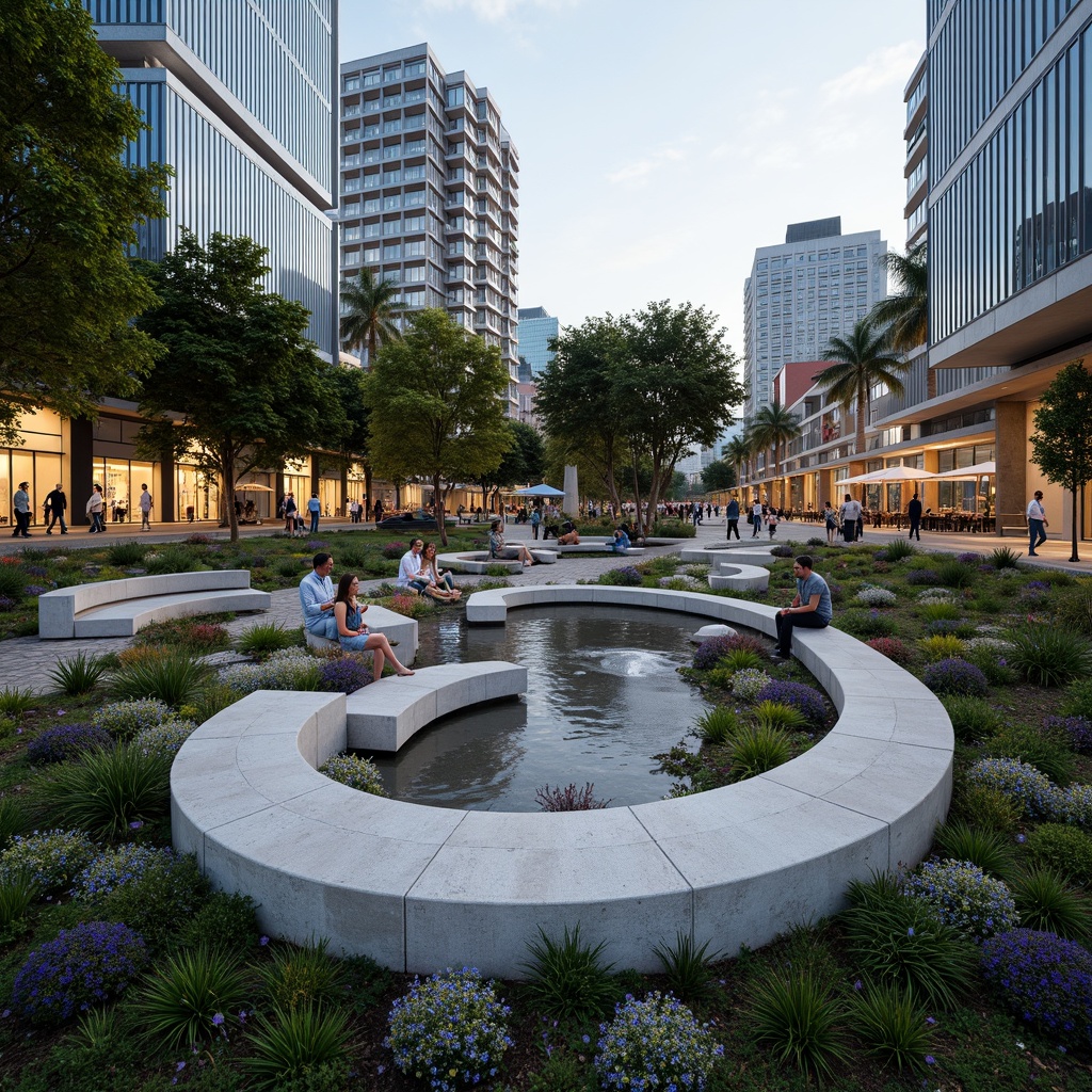 Prompt: Urban amphitheater, integrated landscape design, lush greenery, natural stone seating, curved architectural lines, modern cityscape, vibrant street art, urban furniture, pedestrian pathways, public gathering space, evening ambient lighting, shallow depth of field, 3/4 composition, panoramic view, realistic textures, ambient occlusion, bustling city sounds, dynamic water features.