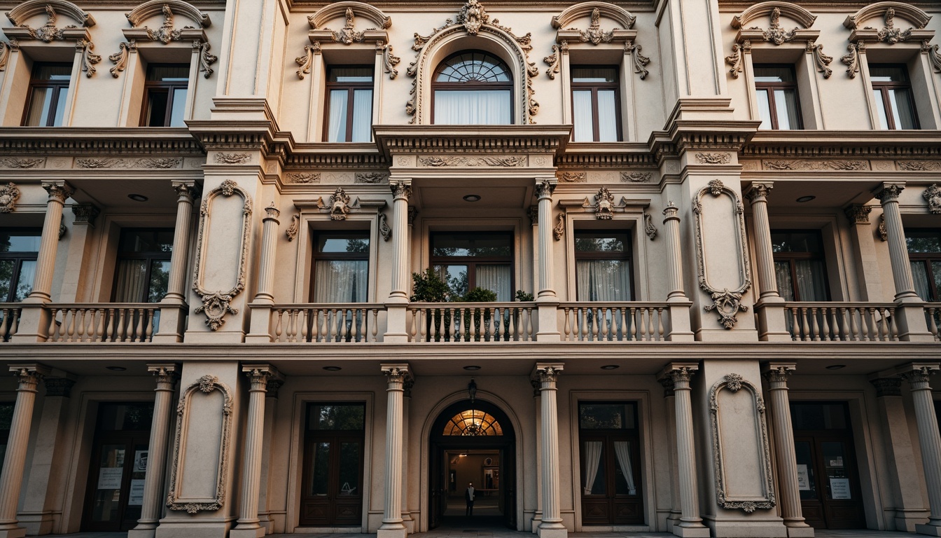 Prompt: Grandiose neoclassical building, ornate facade detailing, symmetrical composition, Corinthian columns, intricately carved stone capitals, decorative pilasters, ornamental frieze, pedimental sculptures, arched windows, balconies with balustrades, rusticated quoins, classical entablature, subtle warm lighting, shallow depth of field, 1/2 composition, realistic textures, ambient occlusion.