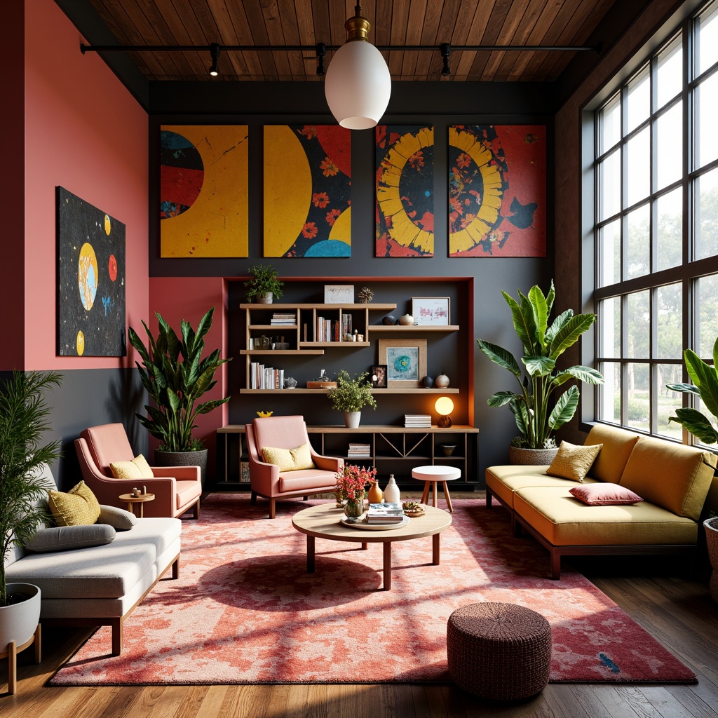 Prompt: Vibrant eclectic interior, bold color schemes, mix-and-match furniture, plush area rugs, statement lighting fixtures, sound-absorbing acoustic panels, wooden floorboards, cozy reading nooks, oversized windows, natural light pouring in, warm ambient glow, soft shadows, 1/2 composition, shallow depth of field, realistic textures, subtle reflections.