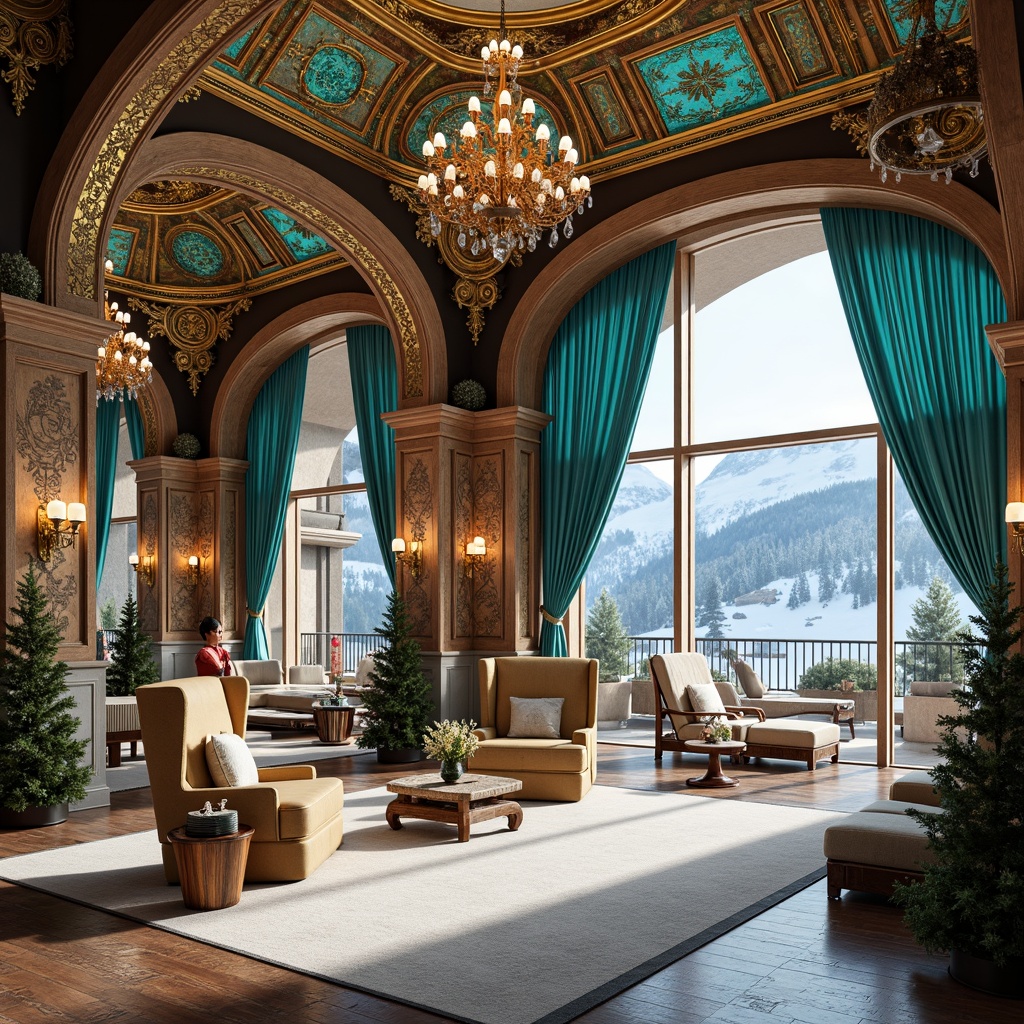 Prompt: Lavish ski resort, intricately carved wooden accents, ornate golden domes, grandiose stone archways, vibrant turquoise mosaics, rich velvet drapes, opulent crystal chandeliers, intricate fresco ceilings, majestic marble columns, regal throne-like seating, snowy mountain backdrop, frosty morning light, shallow depth of field, 1/1 composition, realistic snow textures, ambient occlusion.