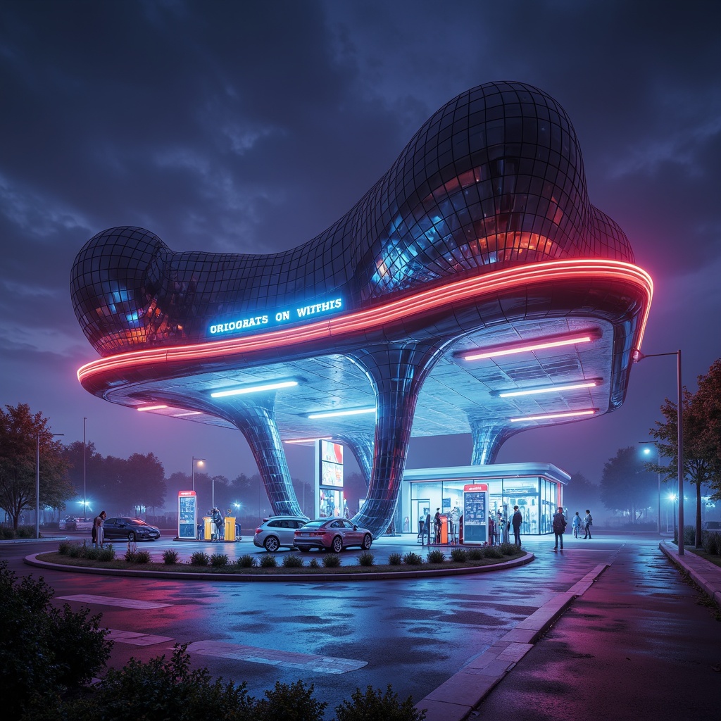 Prompt: Organic gas station, curvaceous rooflines, bulbous structures, futuristic aesthetic, iridescent colors, glossy surfaces, neon lights, retro-futuristic vibes, space-age inspirations, amoeba-like shapes, flowing lines, irregular forms, avant-garde design, experimental architecture, bold color schemes, high-tech materials, reflective metallic finishes, 3/4 composition, low-angle shot, dramatic lighting, atmospheric fog effect.