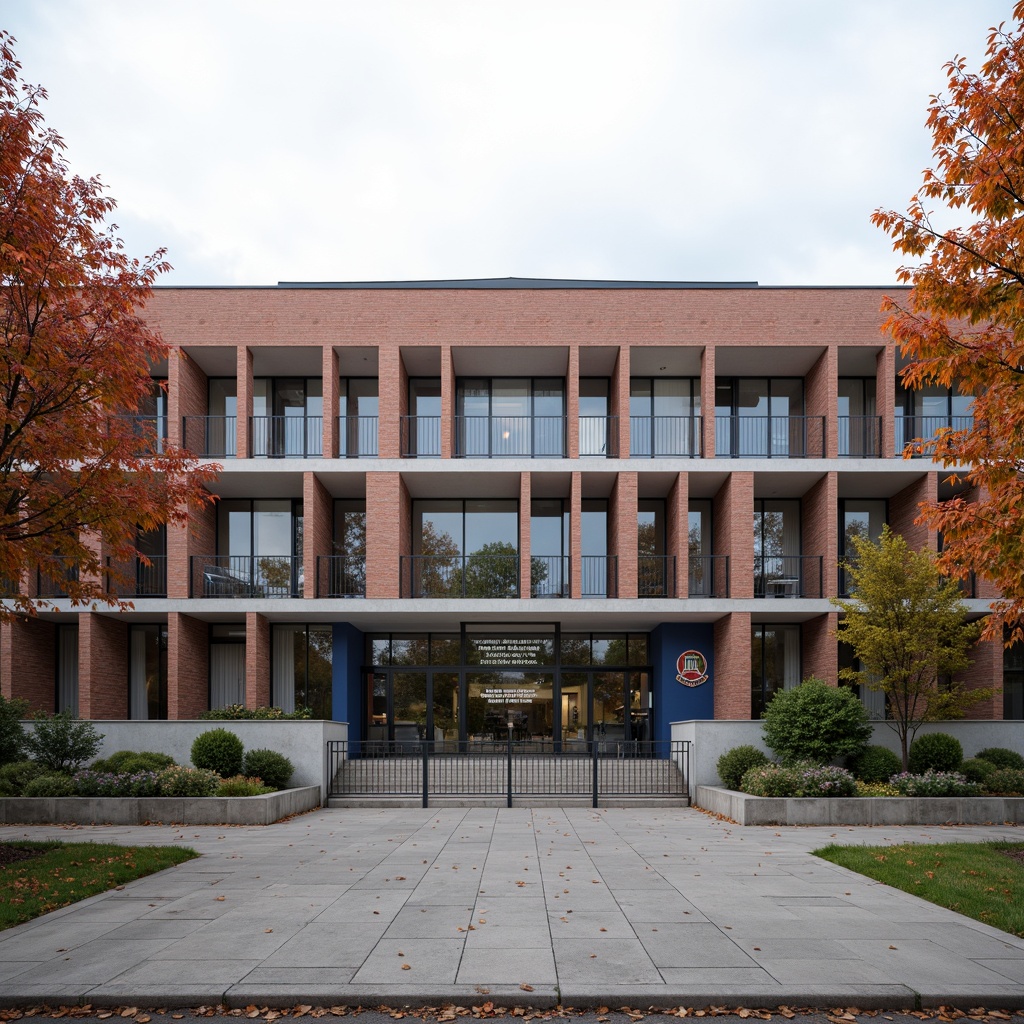 Prompt: Brick-clad high school facade, structured columns, symmetrical composition, ornate entrance gates, steel-framed windows, cantilevered rooflines, modernist influences, geometric patterns, concrete textures, educational signage, vibrant blue accents, natural stone walls, minimalist landscaping, autumnal foliage, overcast day, soft diffused lighting, 1/1 composition, realistic renderings, ambient occlusion.