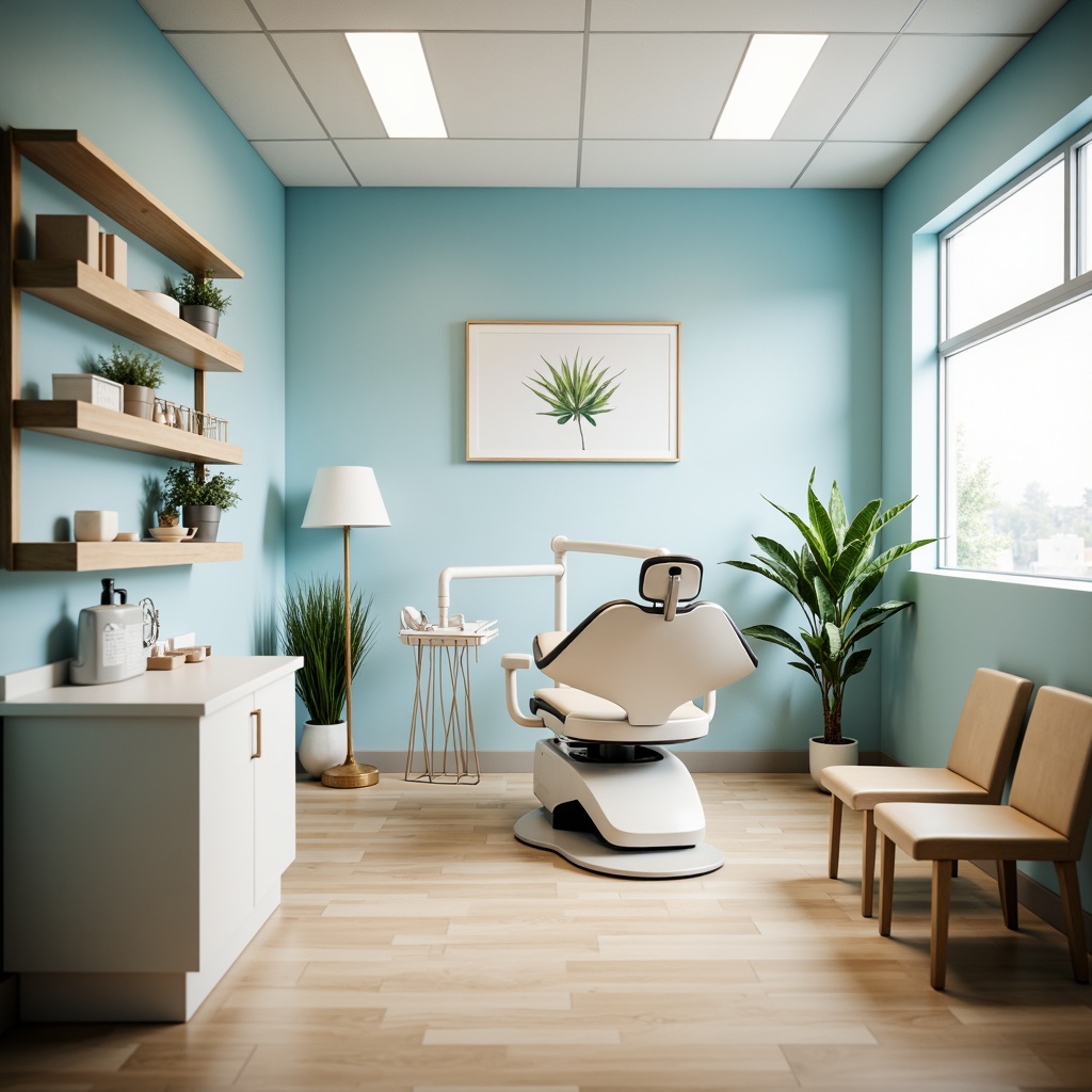 Prompt: \Calm dental clinic, soft blue walls, creamy white furniture, warm beige floors, natural wood accents, gentle greenery, minimalist decor, modern dental equipment, sleek metal chairs, subtle branding elements, soothing ambient lighting, shallow depth of field, 3/4 composition, realistic textures, ambient occlusion, sterile atmosphere, calming music, peaceful waiting area.\Please let me know if this meets your requirements or if you need any adjustments!