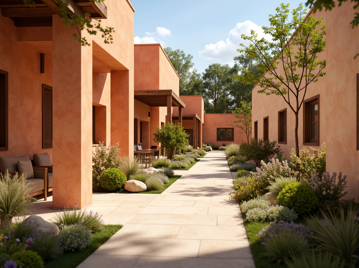 Prompt: Vibrant apricot hues, warm golden tones, soft peach undertones, creamy whites, rich terracottas, earthy browns, velvety smooth textures, natural stone walls, rustic wooden accents, lush greenery, blooming flowers, sunny day, soft warm lighting, shallow depth of field, 3/4 composition, panoramic view, realistic textures, ambient occlusion.