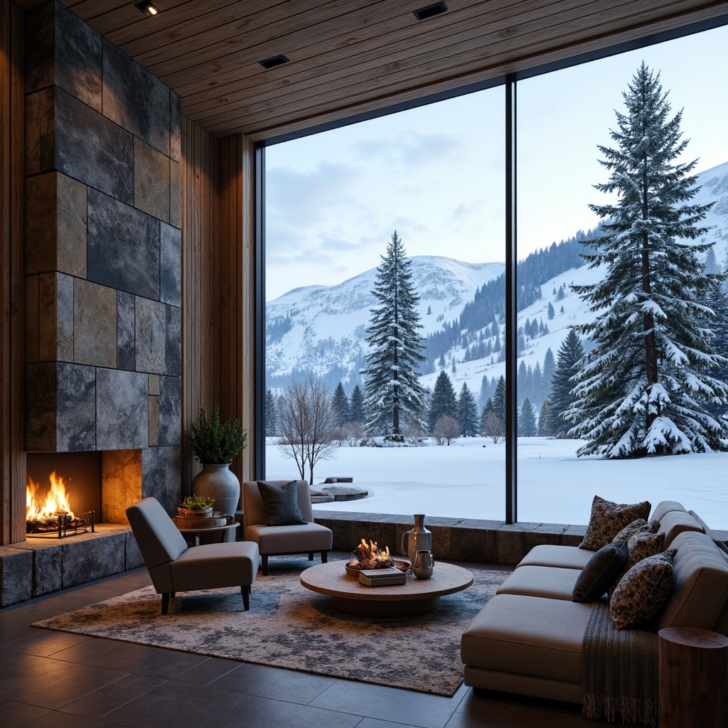 Prompt: Snow-capped mountains, frosty air, wooden ski lodge, rustic stone walls, cozy fireplaces, warm lighting, natural textiles, earthy color palette, modern amenities, sleek metal equipment, safety features, snowflake patterns, icy blue hues, frozen lakes, winter landscapes, misty mornings, soft focus, shallow depth of field, 1/2 composition, realistic textures, ambient occlusion.