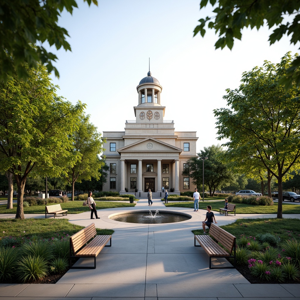 Prompt: Historic courthouse building, neoclassical architecture, grand clock tower, elegant stone fa\u00e7ade, ornate columns, symmetrical design, vibrant greenery, lush trees, blooming flowers, serene water features, walking paths, natural stone walkways, modern landscape fusion, sleek metal benches, minimalist lighting, shallow depth of field, 1/1 composition, panoramic view, realistic textures, ambient occlusion.