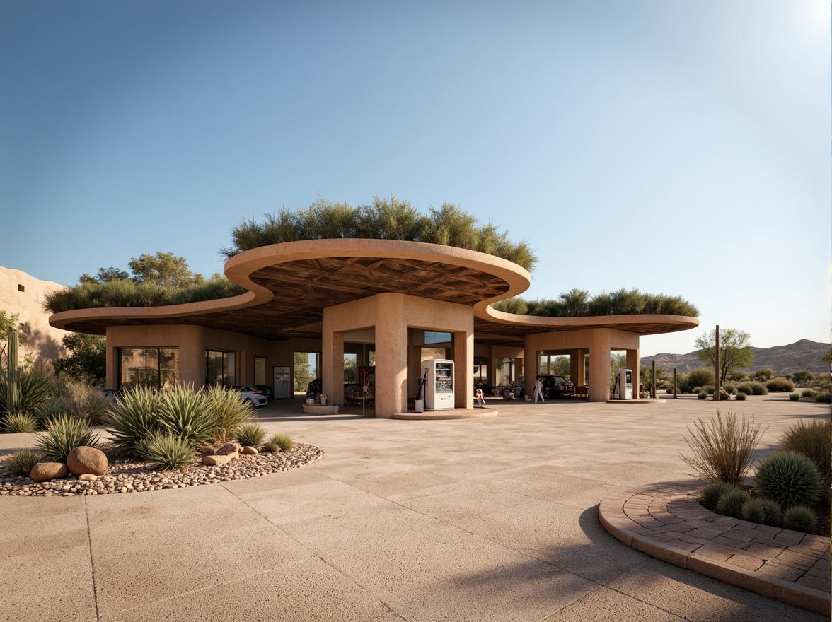 Prompt: Rustic gas station, organic blob-shaped architecture, earthy tones, natural stone walls, lush green roofs, curved lines, futuristic design, modern fueling systems, sleek metal canopies, minimalist lighting, ambient occlusion, soft warm glow, shallow depth of field, 3/4 composition, panoramic view, realistic textures, desert landscape, sandy dunes, cactus plants, hot sunny day, clear blue sky, vast open space, innovative water harvesting systems, eco-friendly materials, shaded outdoor spaces, misting systems.