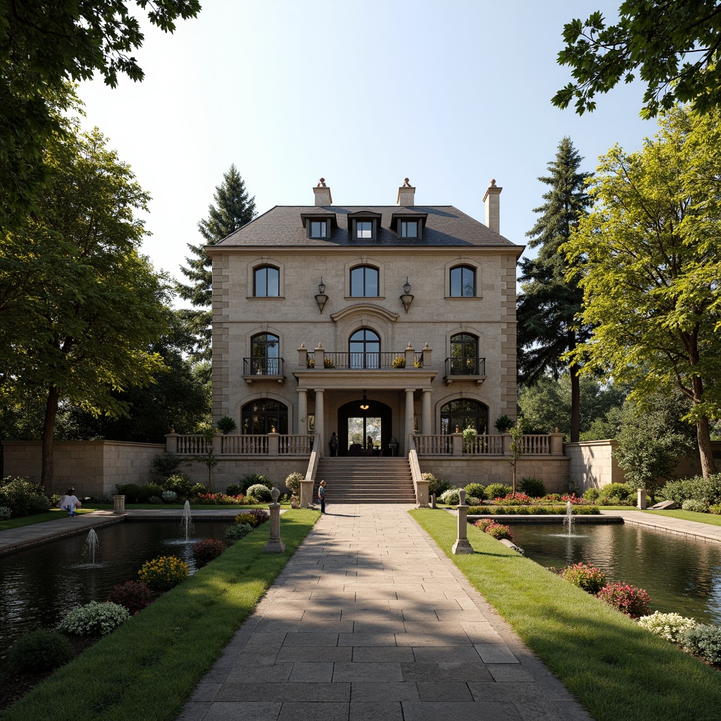 Prompt: Grandiose rural estate, symmetrical facade, ornate decorations, rustic stone walls, verdant gardens, tranquil ponds, majestic entrance gates, sweeping driveways, classical columns, ornamental fountains, vibrant flower arrangements, dramatic lighting effects, low-angle composition, warm color palette, natural textures, ambient occlusion.