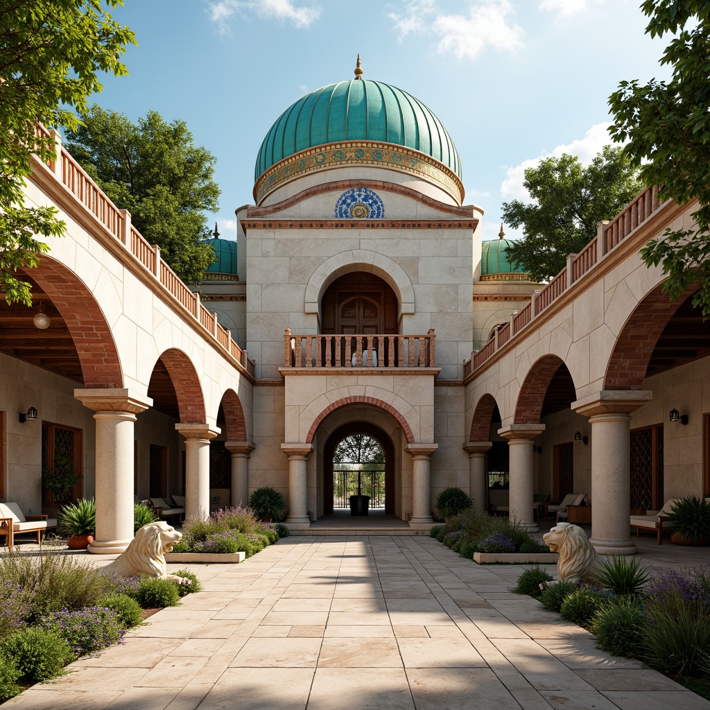 Prompt: Vibrant turquoise domes, warm golden arches, rich crimson columns, creamy white marble, intricate mosaics, ornate gilded details, exotic animal patterns, lush greenery, sunny afternoon light, soft warm shadows, Byzantine-inspired architecture, grand entrance gates, majestic stone lions, ancient ruins, mystical ambiance, 1/2 composition, dramatic high contrast, realistic textures.