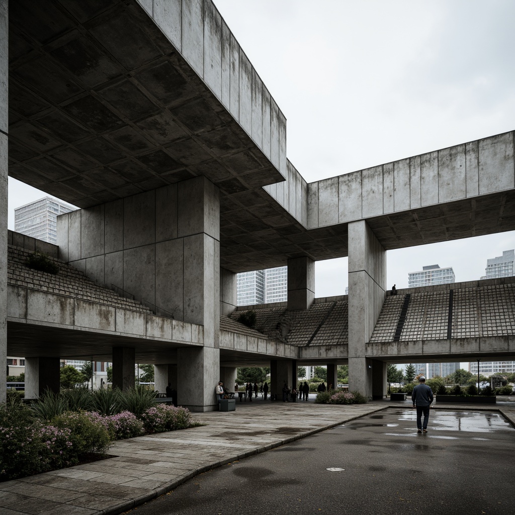 Prompt: Rugged concrete stadium, brutalist design, exposed ductwork, raw metal beams, industrial textures, distressed finishes, bold geometric forms, monumental scale, dramatic shadows, high-contrast lighting, harsh weathered steel, rough-hewn stone walls, poured-in-place concrete, urban cityscape backdrop, overcast sky, dynamic angular composition, cinematic atmosphere, gritty realistic rendering.