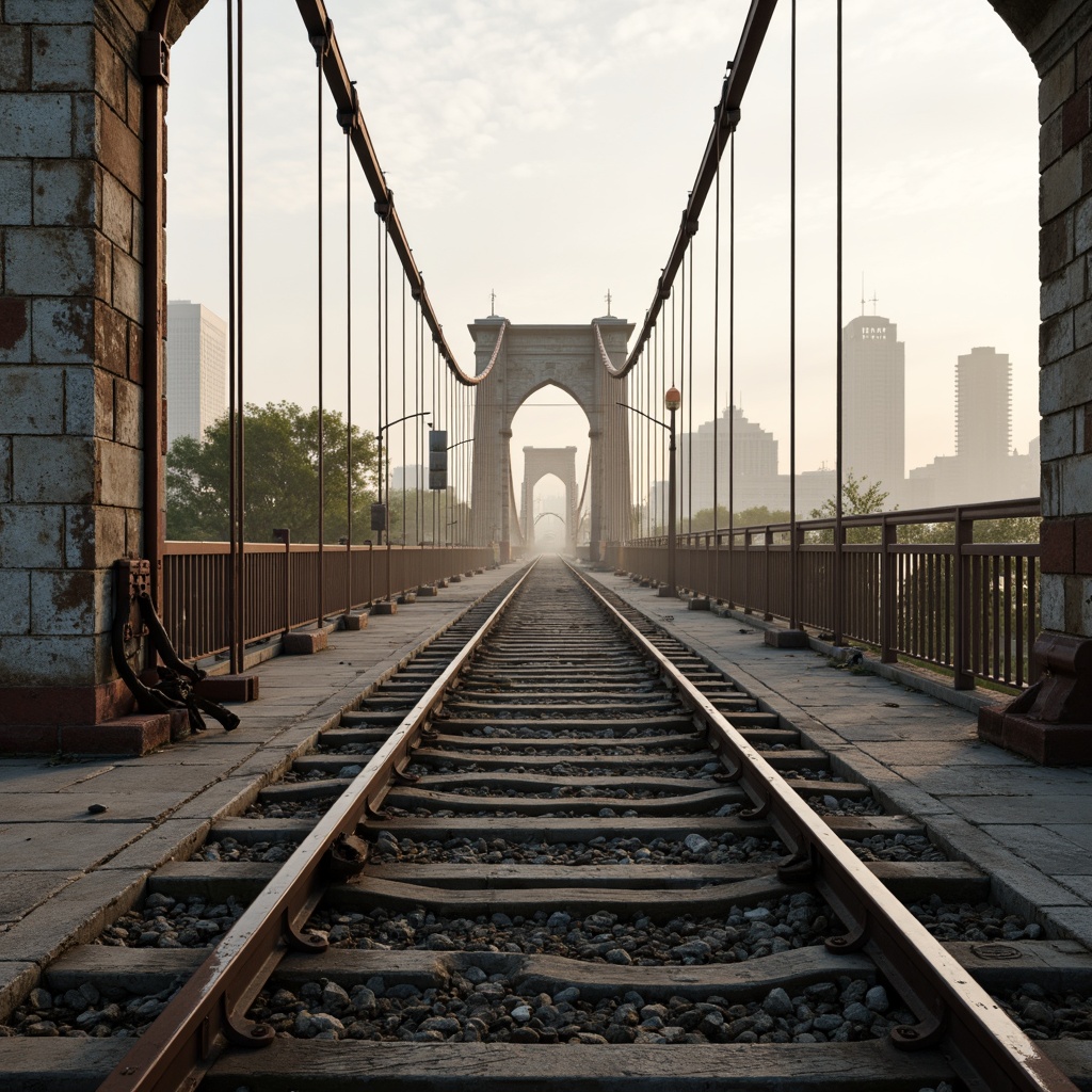 Prompt: Rustic steel bridges, weathered concrete piers, robust suspension cables, sturdy anchorages, durable road surfaces, anti-corrosion coatings, high-strength bolts, reinforced steel beams, composite materials, textured finishes, rugged railings, urban cityscapes, misty mornings, soft warm lighting, shallow depth of field, 1/2 composition, realistic textures, ambient occlusion.