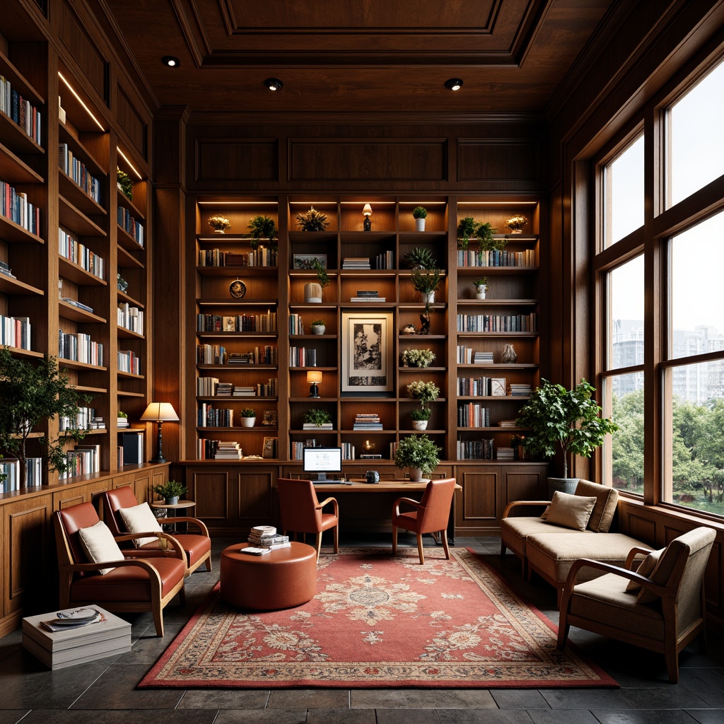 Prompt: Cozy library interior, wooden bookshelves, comfortable reading nooks, soft warm lighting, plush carpeting, classic academic style, elegant furniture, leather-bound books, ornate metal lamps, rich wood tones, sophisticated color palette, natural stone flooring, tall ceilings, large windows, abundance of natural light, calm atmosphere, 1/1 composition, shallow depth of field, realistic textures.