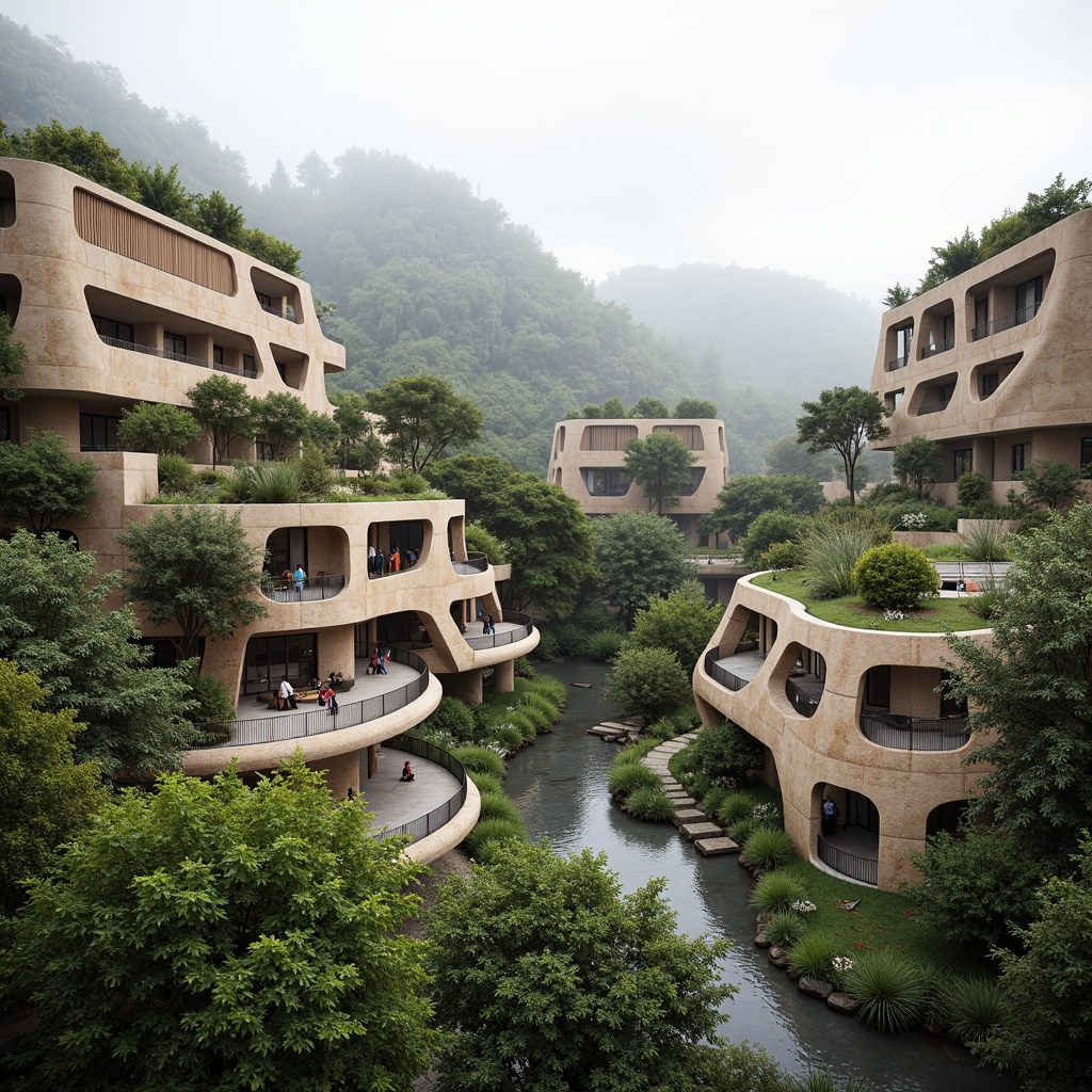 Prompt: Curved university building, irregular shapes, natural stone fa\u00e7ade, green roofs, cantilevered walkways, wooden accents, earthy color palette, organic forms, flowing lines, futuristic architecture, sustainable design, eco-friendly materials, abundant vegetation, misty atmosphere, soft diffused lighting, shallow depth of field, 3/4 composition, panoramic view, realistic textures, ambient occlusion.