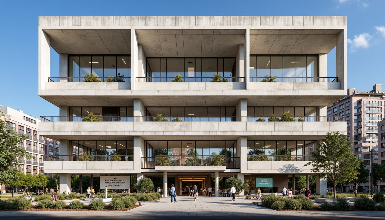 Prompt: Rustic high school building, brutalist architecture, raw concrete walls, geometric shapes, minimalist design, industrial metal frames, large windows, natural light pouring in, open floor plan, flexible learning spaces, collaborative work areas, modern educational facilities, state-of-the-art technology integration, vibrant color accents, bold typography, motivational quotes, inspirational artwork, urban cityscape background, clear blue sky, dramatic shadows, high contrast lighting, 3/4 composition, shallow depth of field, realistic textures.