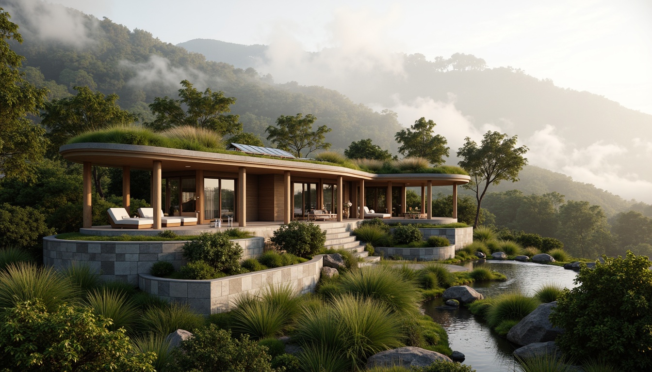 Prompt: Harmonious hillside villa, lush green roofs, natural stone walls, wooden accents, floor-to-ceiling windows, panoramic views, seamless indoor-outdoor transitions, organic curves, sustainable materials, rainwater harvesting systems, solar panels, native plant species, meandering pathways, serene water features, misty morning atmosphere, soft warm lighting, shallow depth of field, 3/4 composition, realistic textures, ambient occlusion.