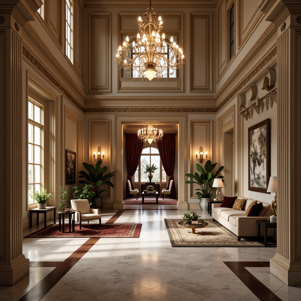 Prompt: Luxurious mansion, ornate facades, grand entranceways, elegant columns, refined wood accents, polished marble floors, lavish chandeliers, soft warm lighting, muted earthy tones, rich jewel-toned walls, creamy whites, subtle metallic highlights, sophisticated neutral backgrounds, velvety drapes, opulent furnishings, intricate moldings, 1/1 composition, dramatic shadows, atmospheric perspective, realistic reflections.